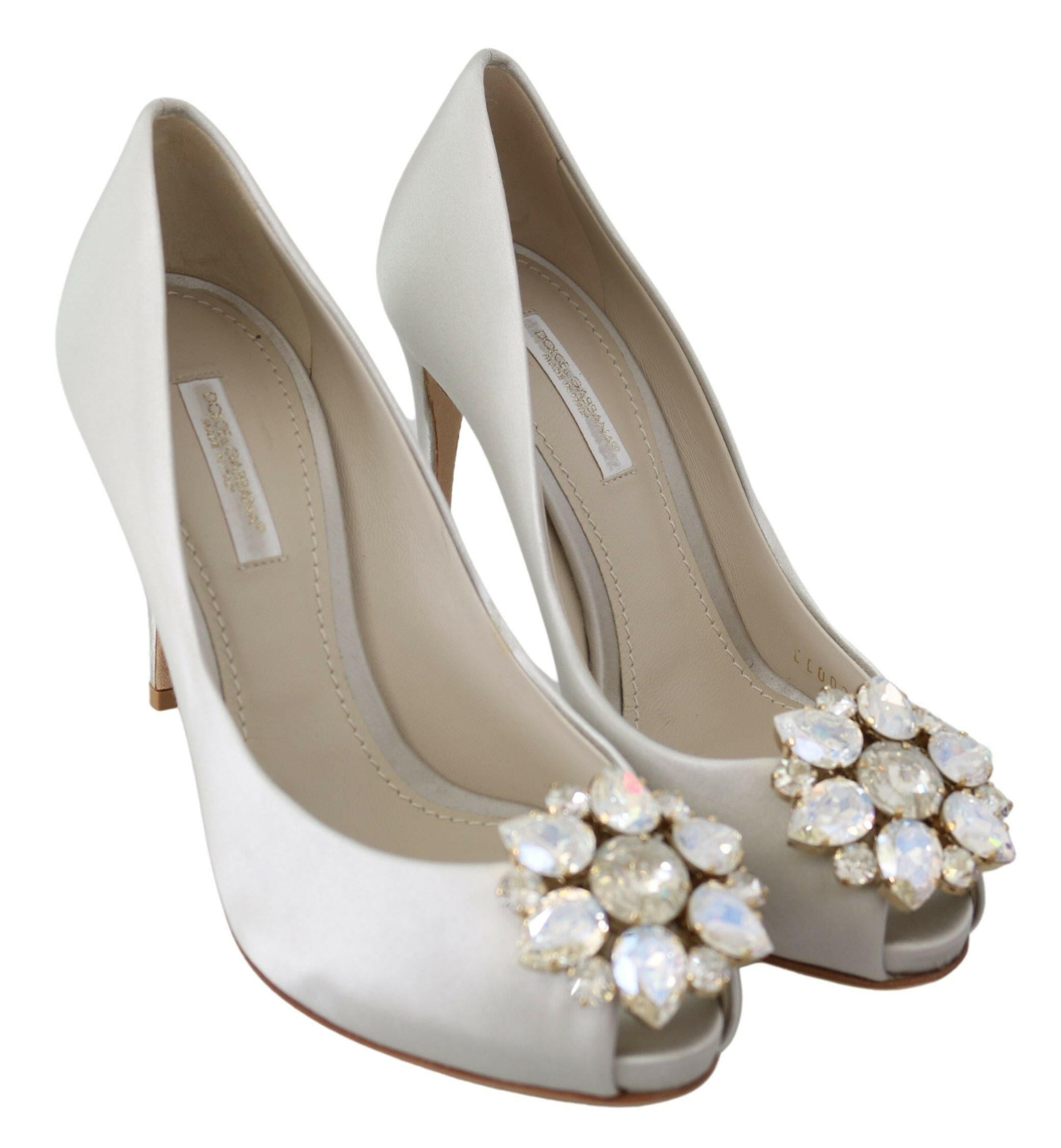 Dolce & Gabbana White Crystals Peep Toe Heels Satin Pumps Shoes -   -  Dolce & Gabbana.