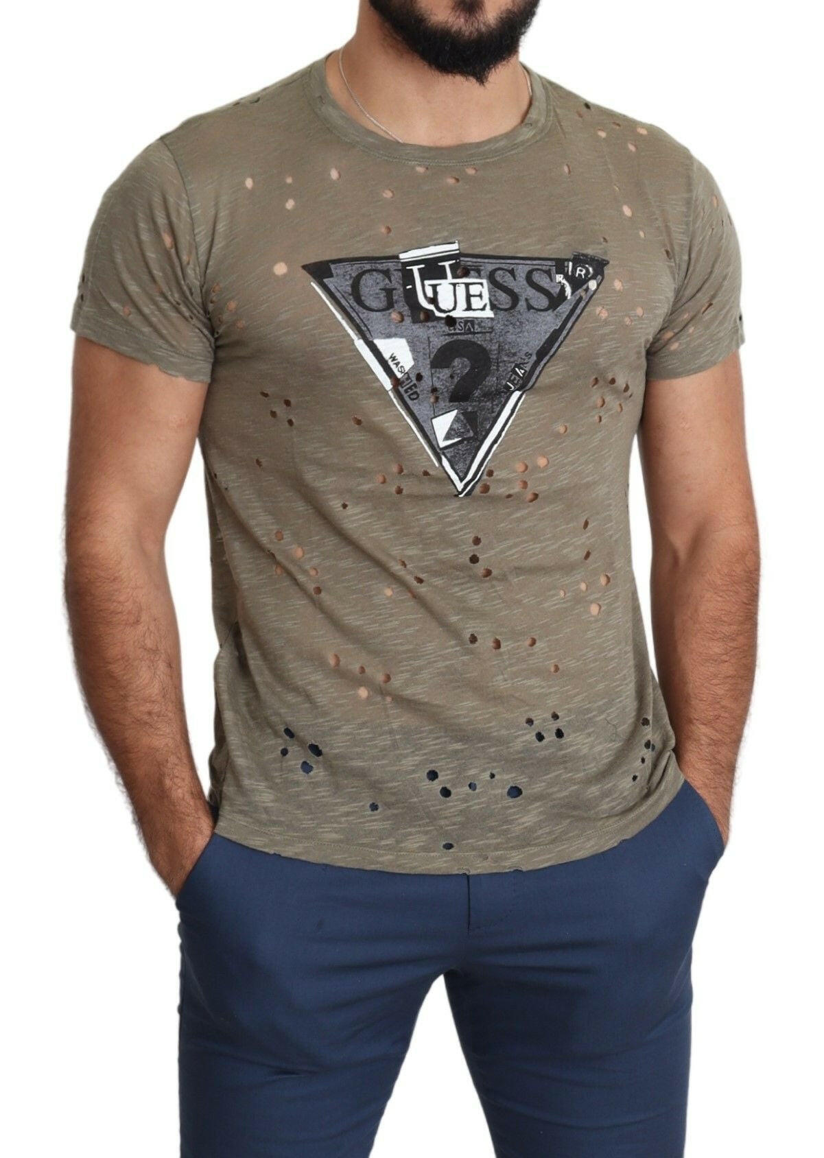 Guess Brown Cotton Stretch Logo Print Men Casual Perforated T-shirt -   -  Guess.