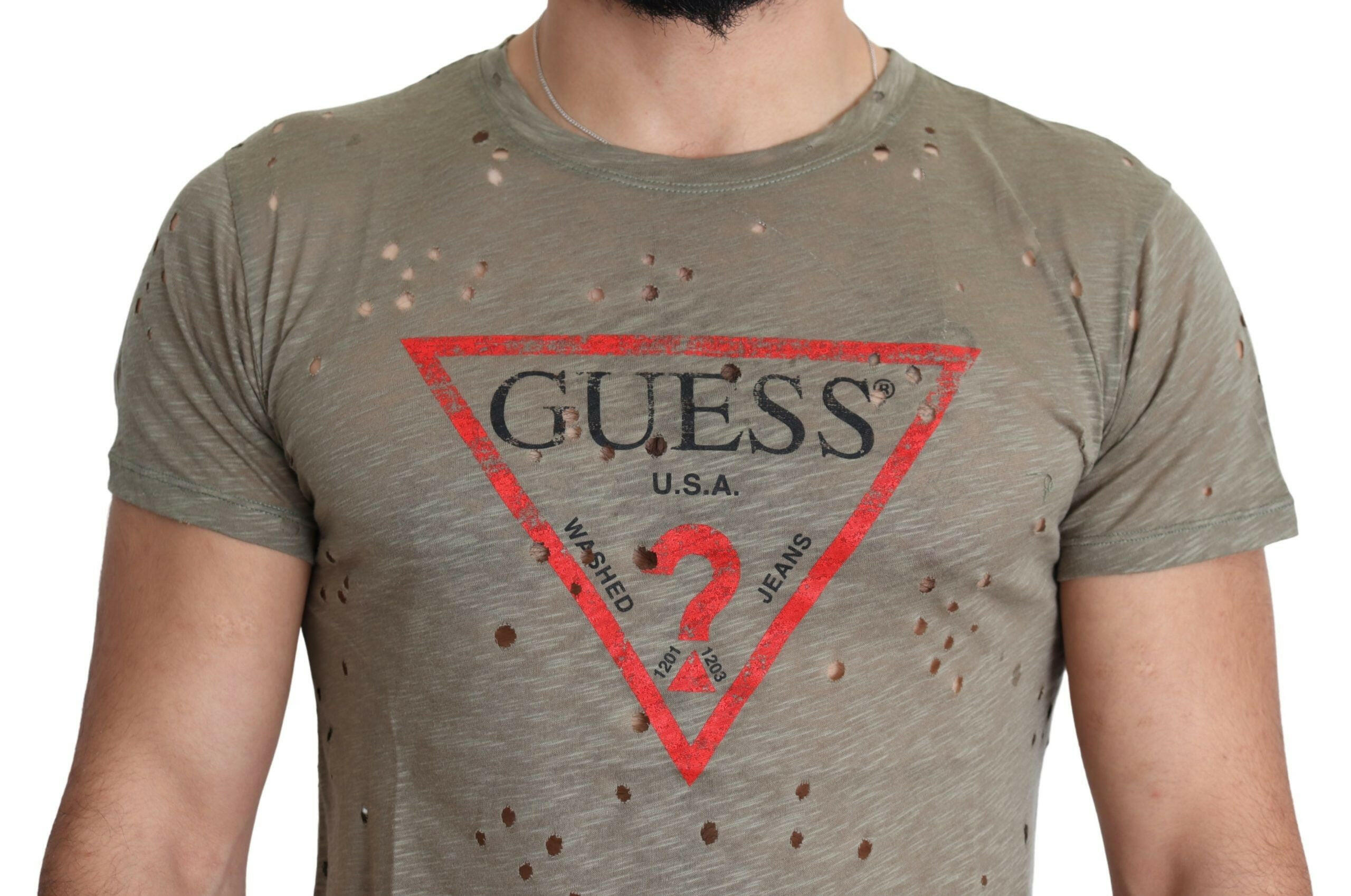 Guess Brown Cotton Stretch Logo Print Men Casual Perforated T-shirt -   -  Guess.