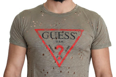 Guess Brown Cotton Stretch Logo Print Men Casual Perforated T-shirt -   -  Guess.