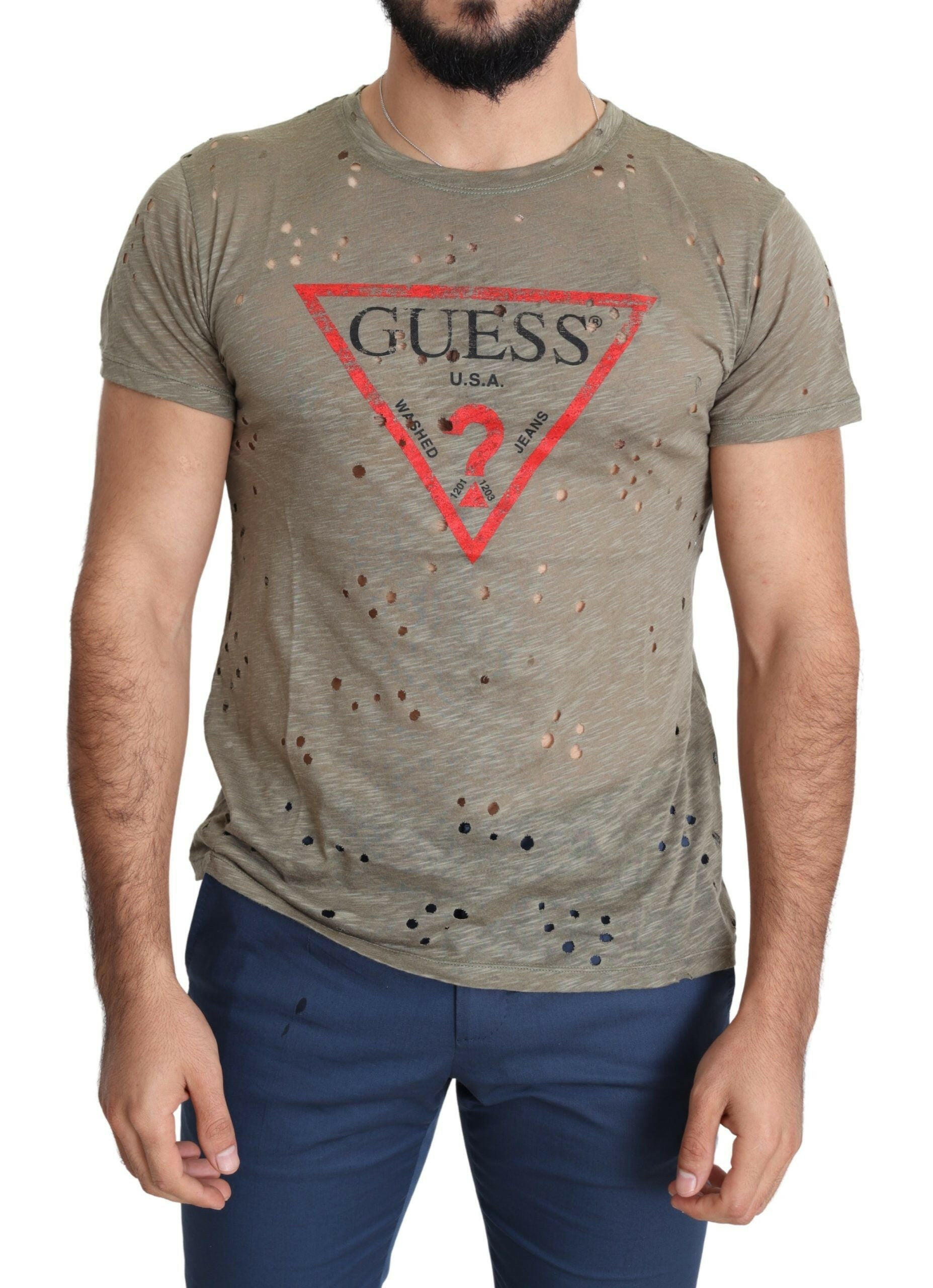 Guess Brown Cotton Stretch Logo Print Men Casual Perforated T-shirt -   -  Guess.