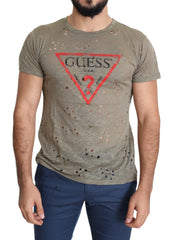 Guess Brown Cotton Stretch Logo Print Men Casual Perforated T-shirt -   -  Guess.