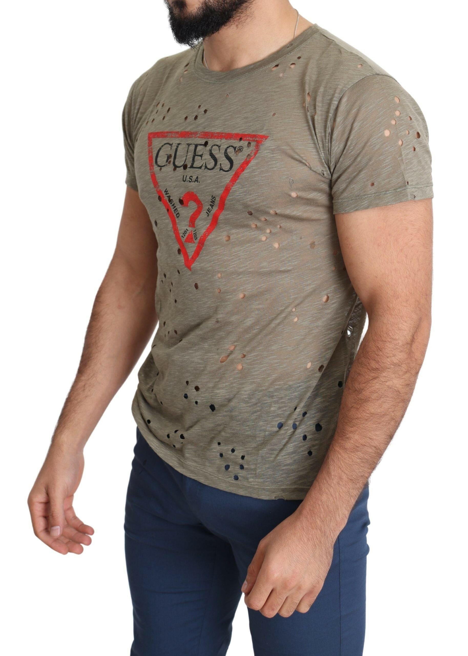 Guess Brown Cotton Stretch Logo Print Men Casual Perforated T-shirt -   -  Guess.