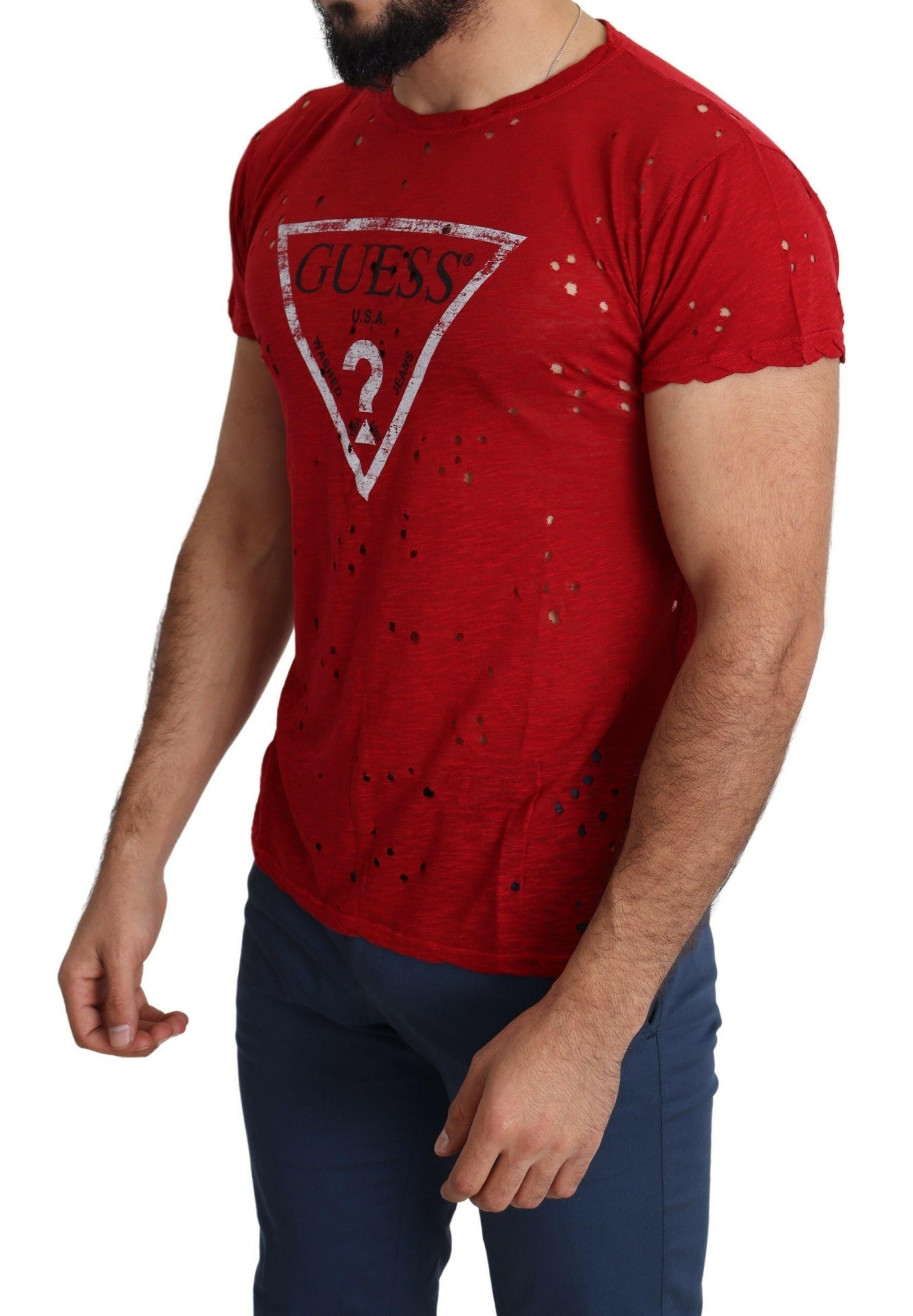 Guess Red Cotton Logo Print Men Casual Top Perforated T-shirt -   -  Guess.