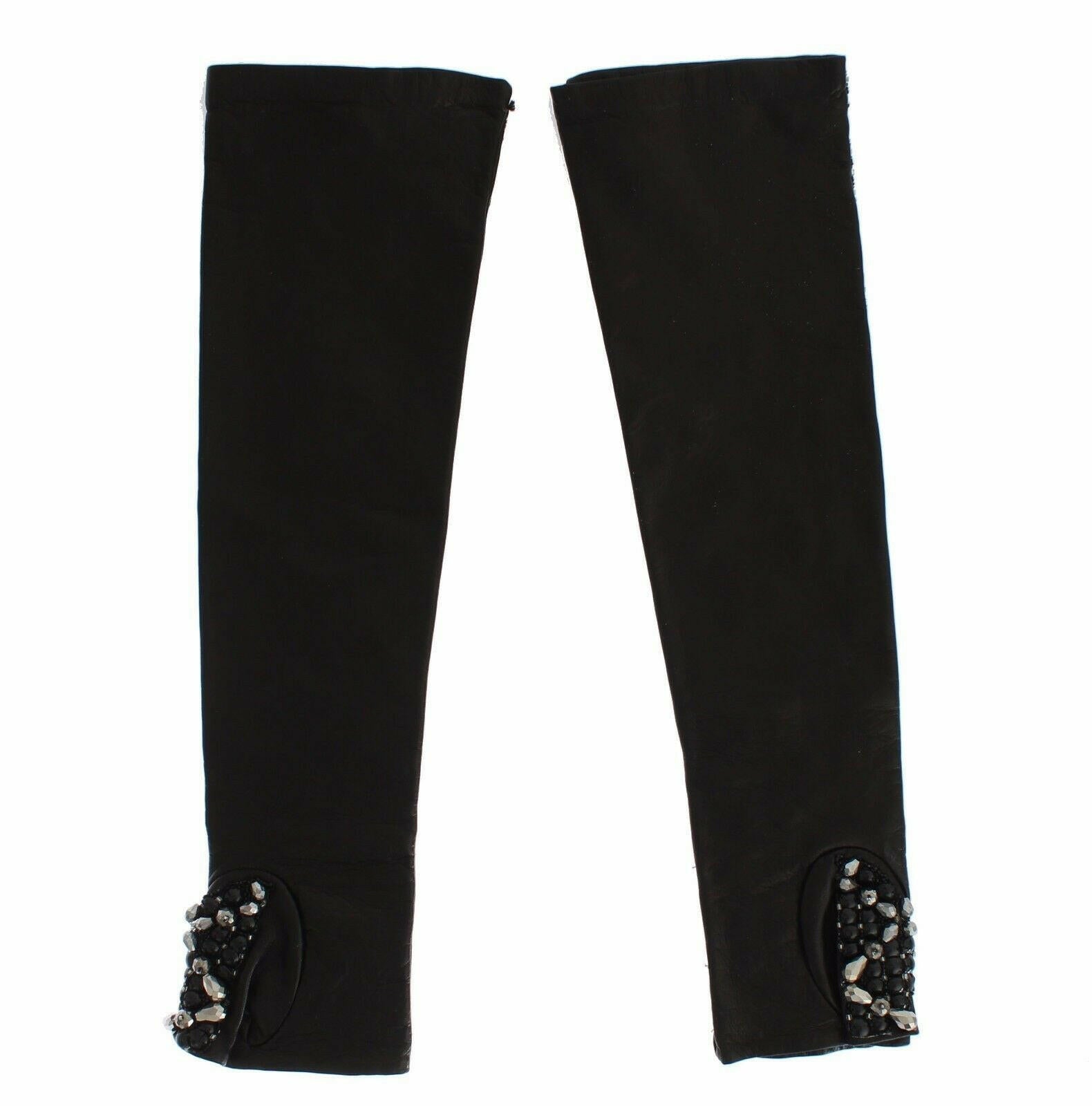 Dolce & Gabbana Black Leather Crystal Beaded Finger Free Gloves -   -  Dolce & Gabbana.