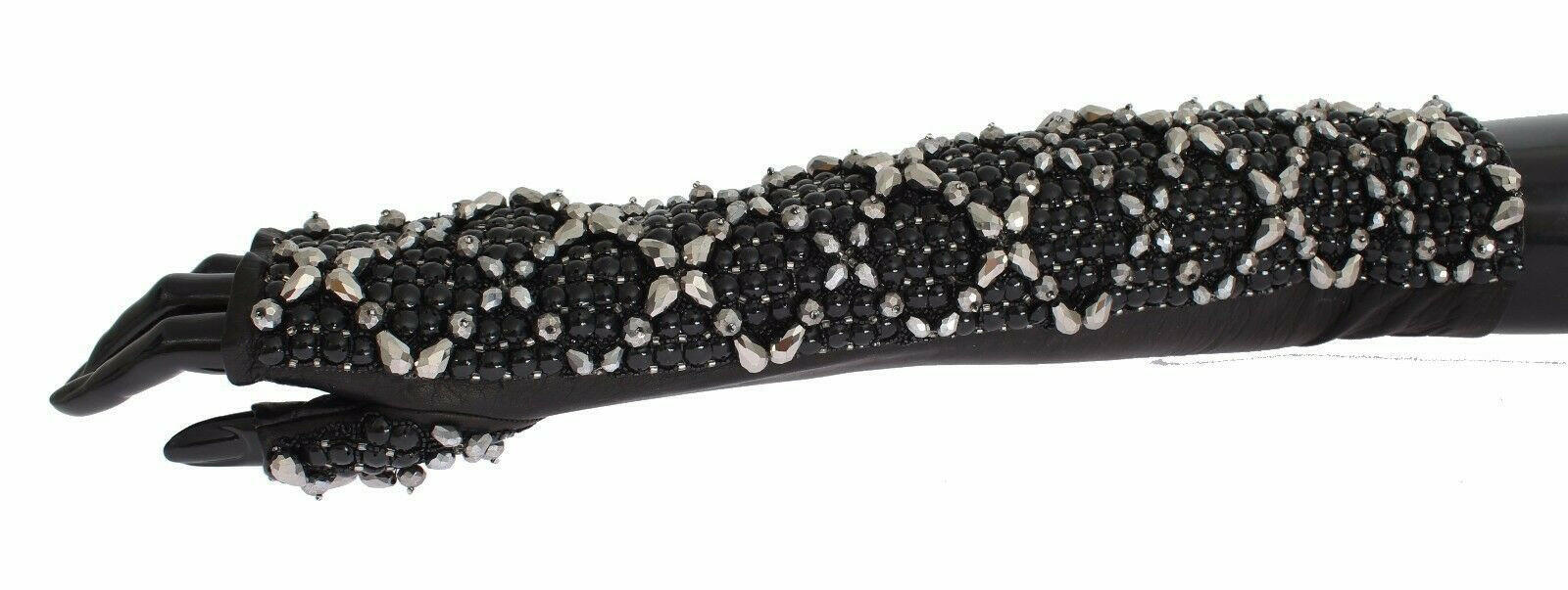 Dolce & Gabbana Black Leather Crystal Beaded Finger Free Gloves -   -  Dolce & Gabbana.