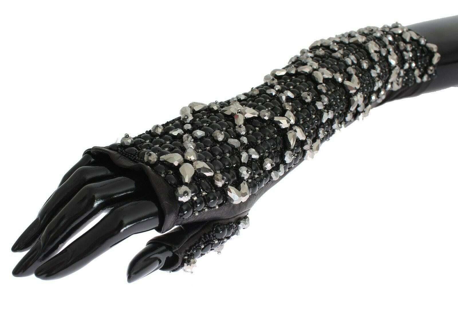 Dolce & Gabbana Black Leather Crystal Beaded Finger Free Gloves -   -  Dolce & Gabbana.