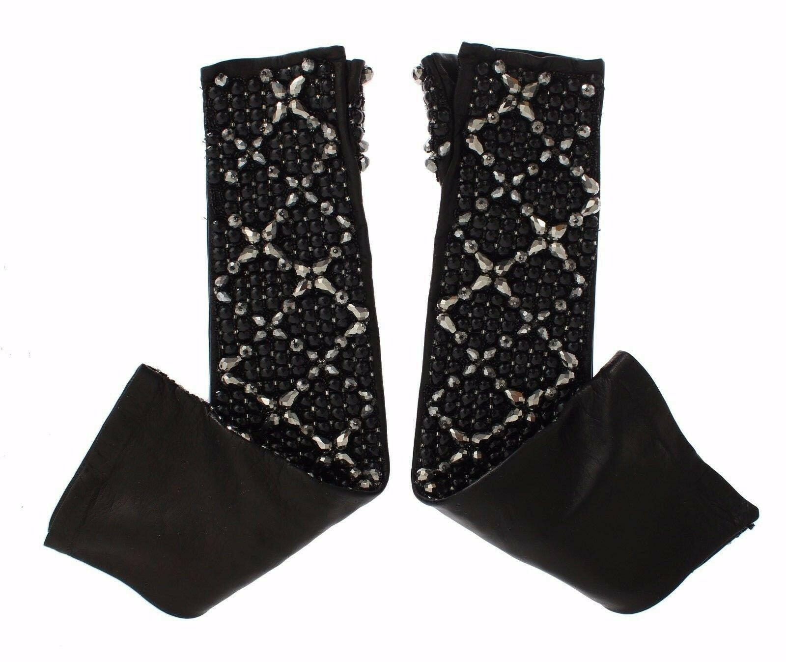 Dolce & Gabbana Black Leather Crystal Beaded Finger Free Gloves -   -  Dolce & Gabbana.