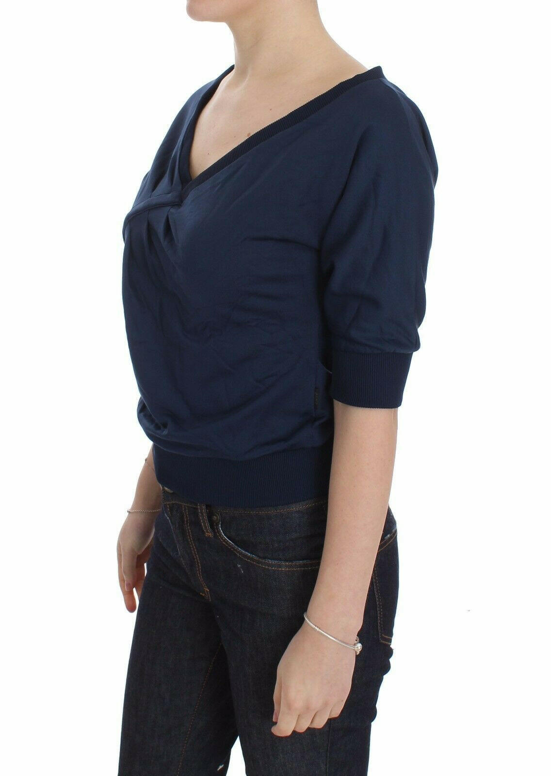 Exte Blue Cotton Top Pullover Deep V-neck Women Sweater -   -  Exte.