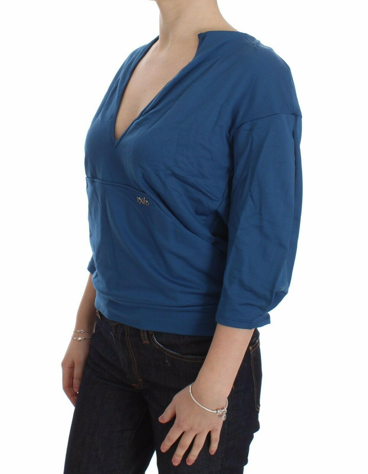 Exte Blue Cotton Top Pullover Deep V-neck Women Sweater -   -  Exte.
