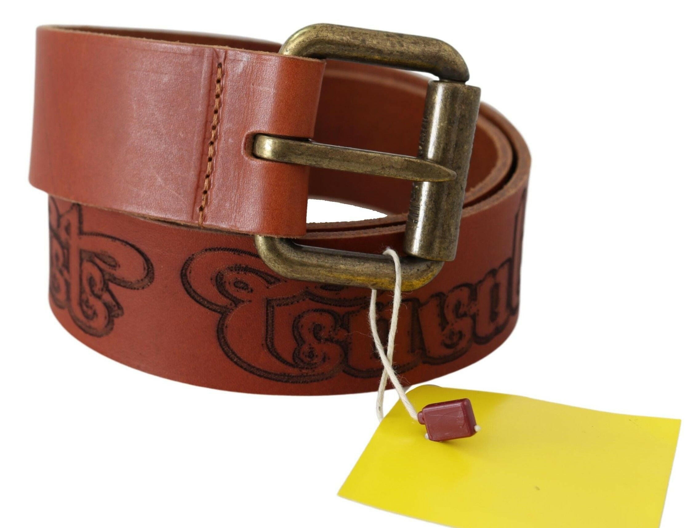Just Cavalli Brown Leather Logo Bronze Rustic Metal Buckle Belt -   -  Just Cavalli.
