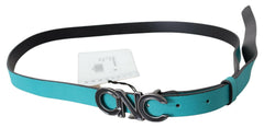Costume National Blue Green Leather Logo Silver Buckle Belt -   -  Costume National.