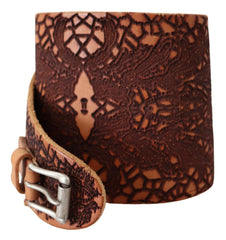 Scervino Street Brown Wide Leather Embroidered Design Logo Belt -   -  Scervino Street.