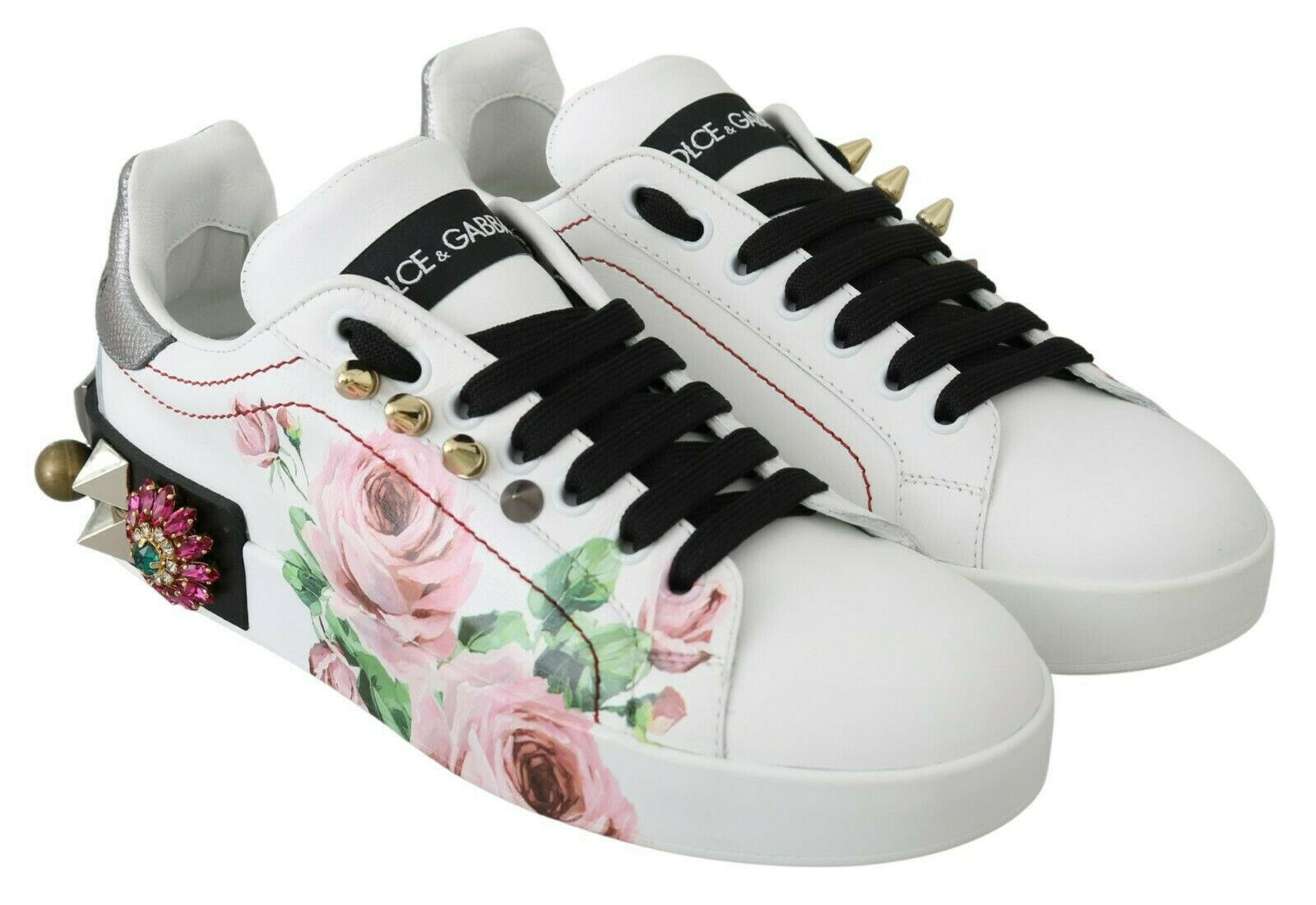Dolce & Gabbana White Leather Crystal Roses Floral Sneakers Shoes -   -  Dolce & Gabbana.