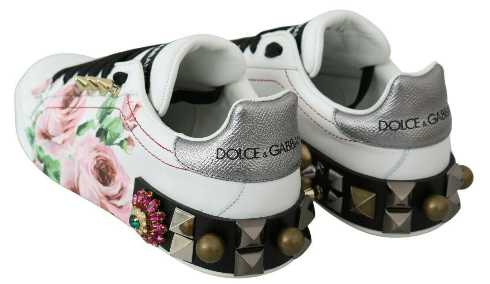 Dolce & Gabbana White Leather Crystal Roses Floral Sneakers Shoes -   -  Dolce & Gabbana.