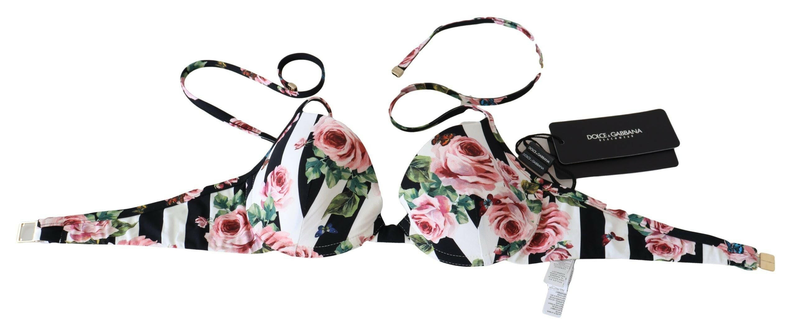 Dolce & Gabbana Multicolor Striped Rose Print Swimwear Bikini Tops -   -  Dolce & Gabbana.