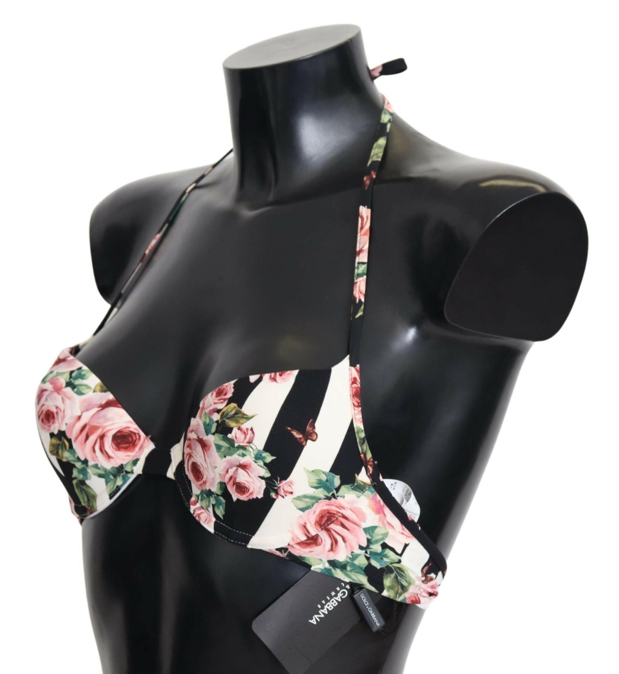 Dolce & Gabbana Multicolor Striped Rose Print Swimwear Bikini Tops -   -  Dolce & Gabbana.