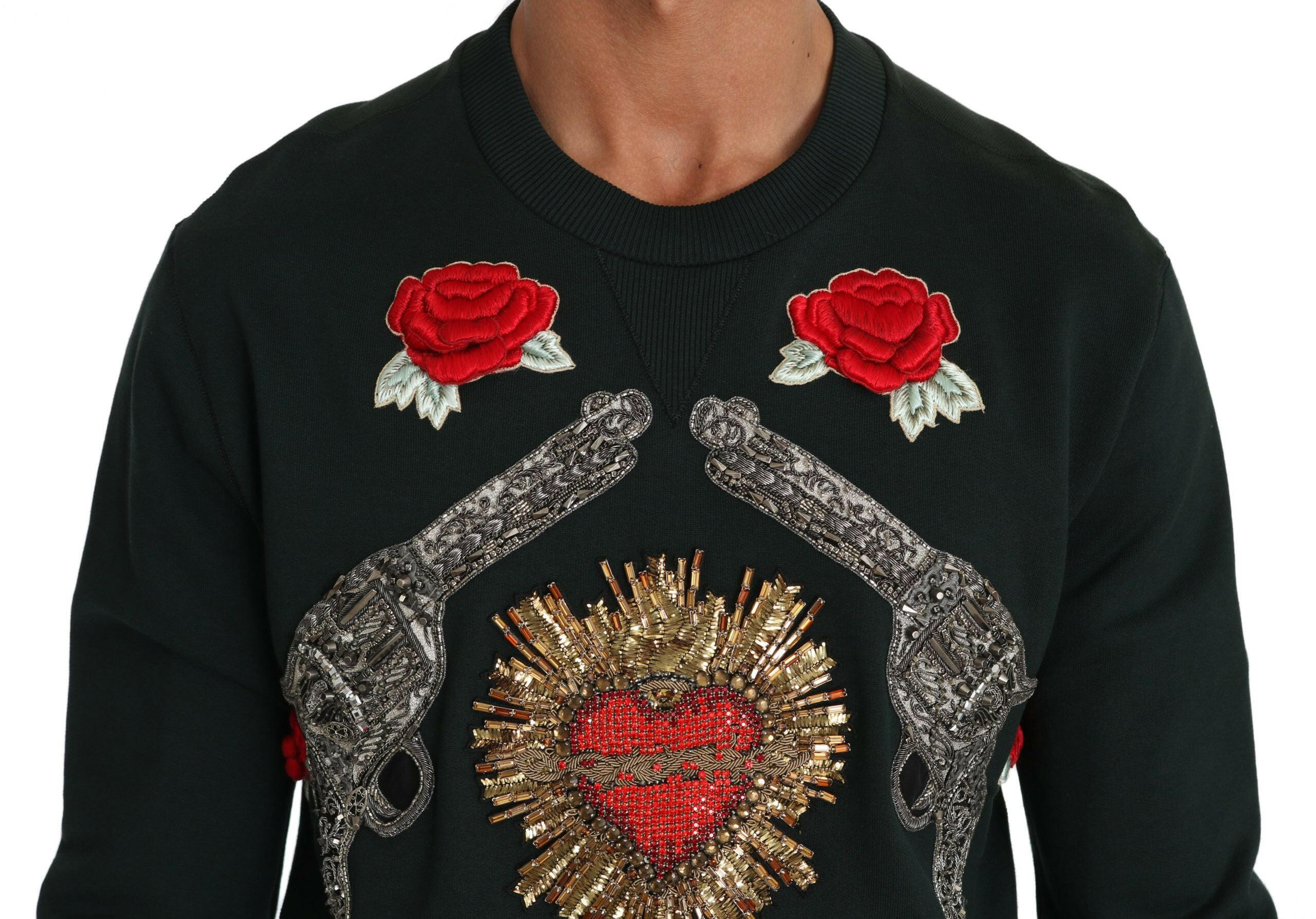 Dolce & Gabbana Green Crystal Heart Roses Gun Sweater -   -  Dolce & Gabbana.