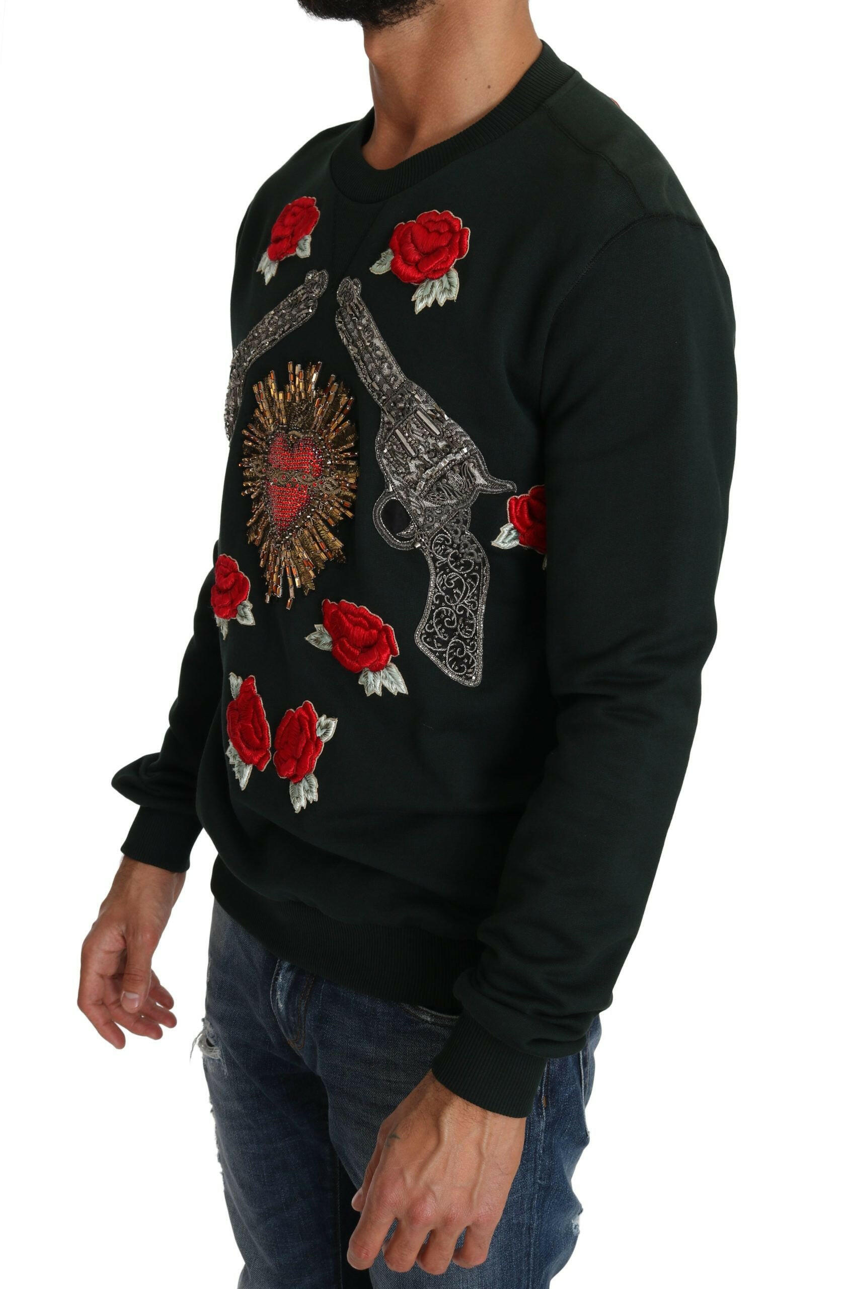 Dolce & Gabbana Green Crystal Heart Roses Gun Sweater -   -  Dolce & Gabbana.