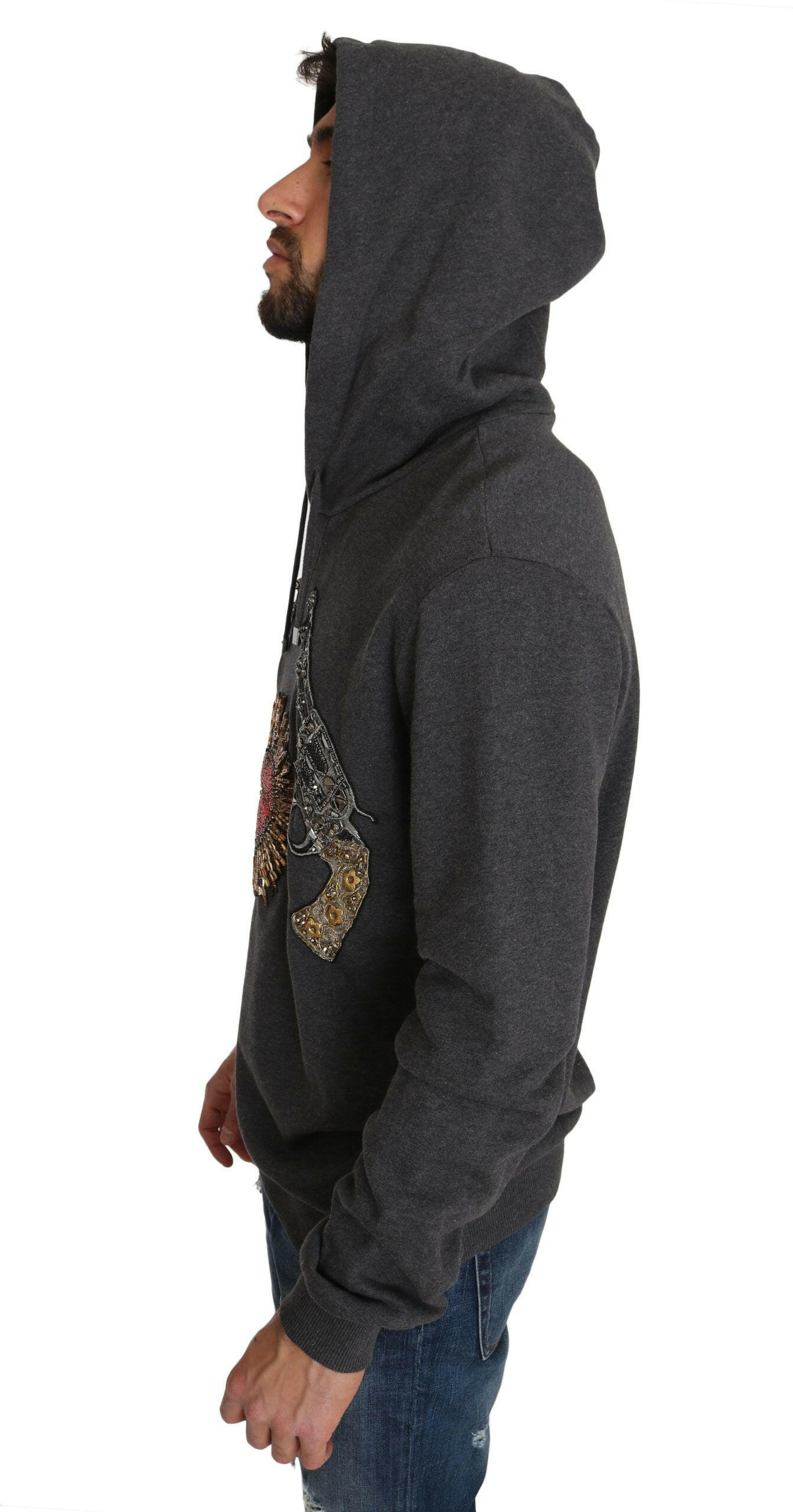 Dolce & Gabbana Gray Hooded Red Crystal Heart Gun Sweater -   -  Dolce & Gabbana.