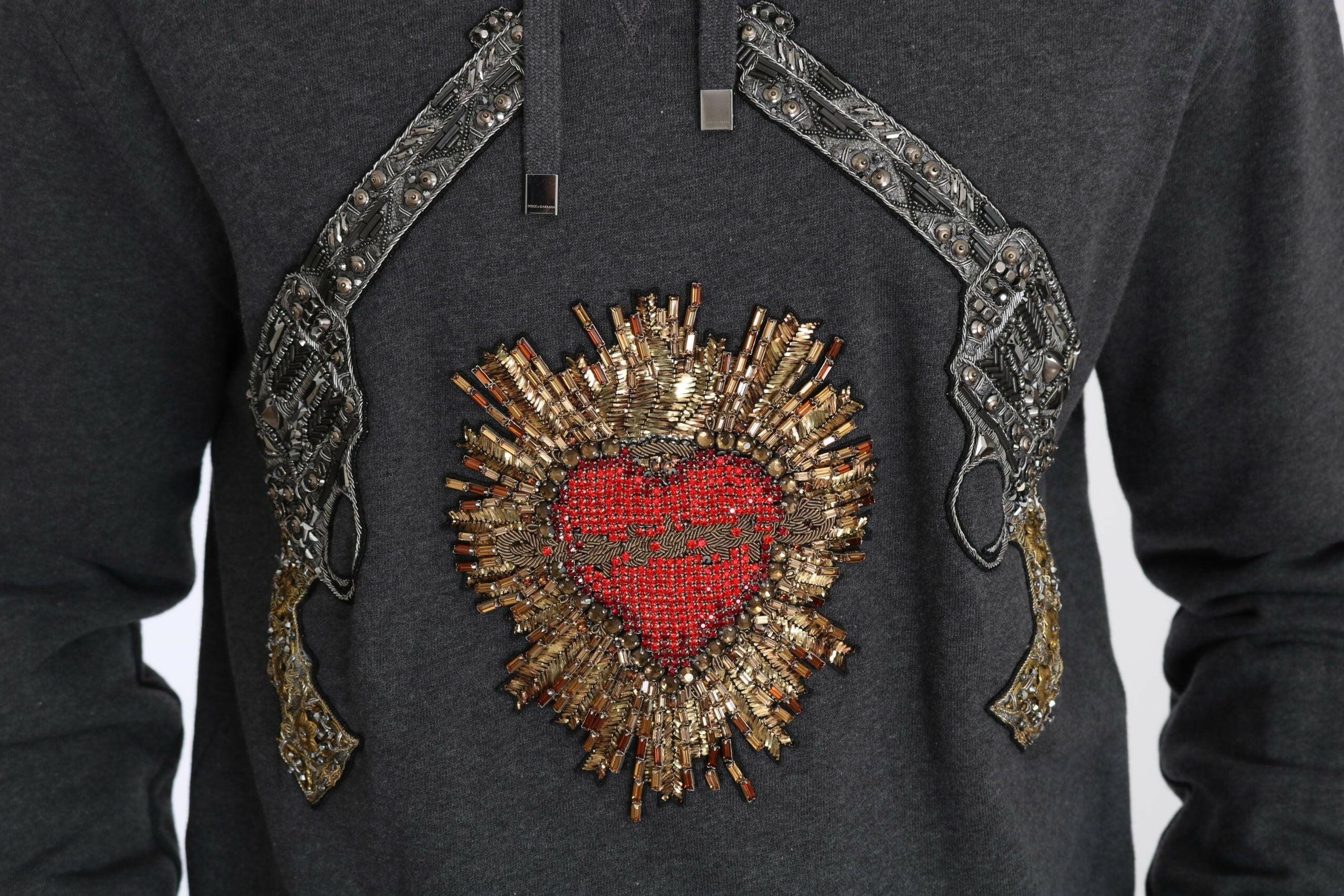 Dolce & Gabbana Gray Hooded Red Crystal Heart Gun Sweater -   -  Dolce & Gabbana.