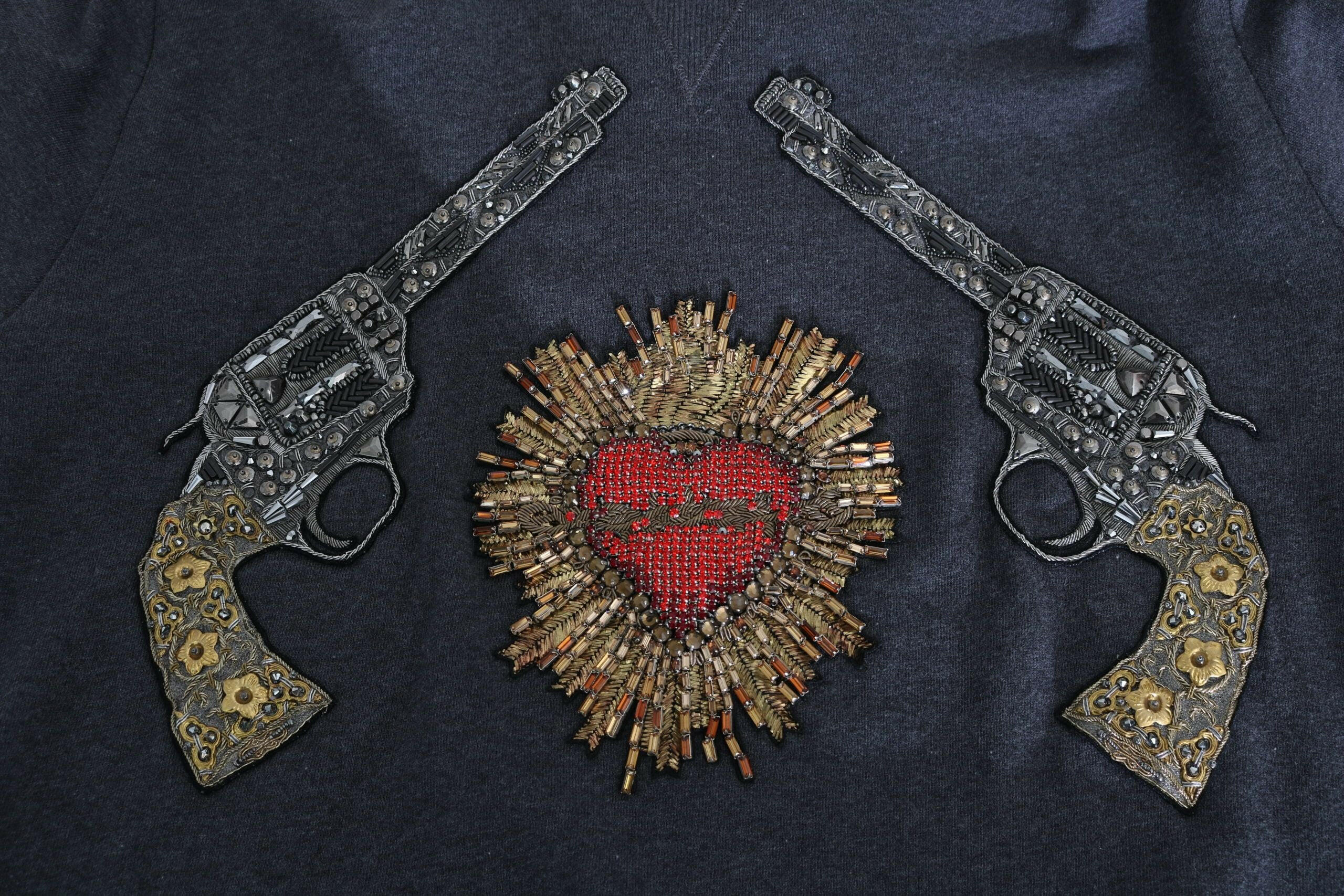 Dolce & Gabbana Gray Hooded Red Crystal Heart Gun Sweater -   -  Dolce & Gabbana.