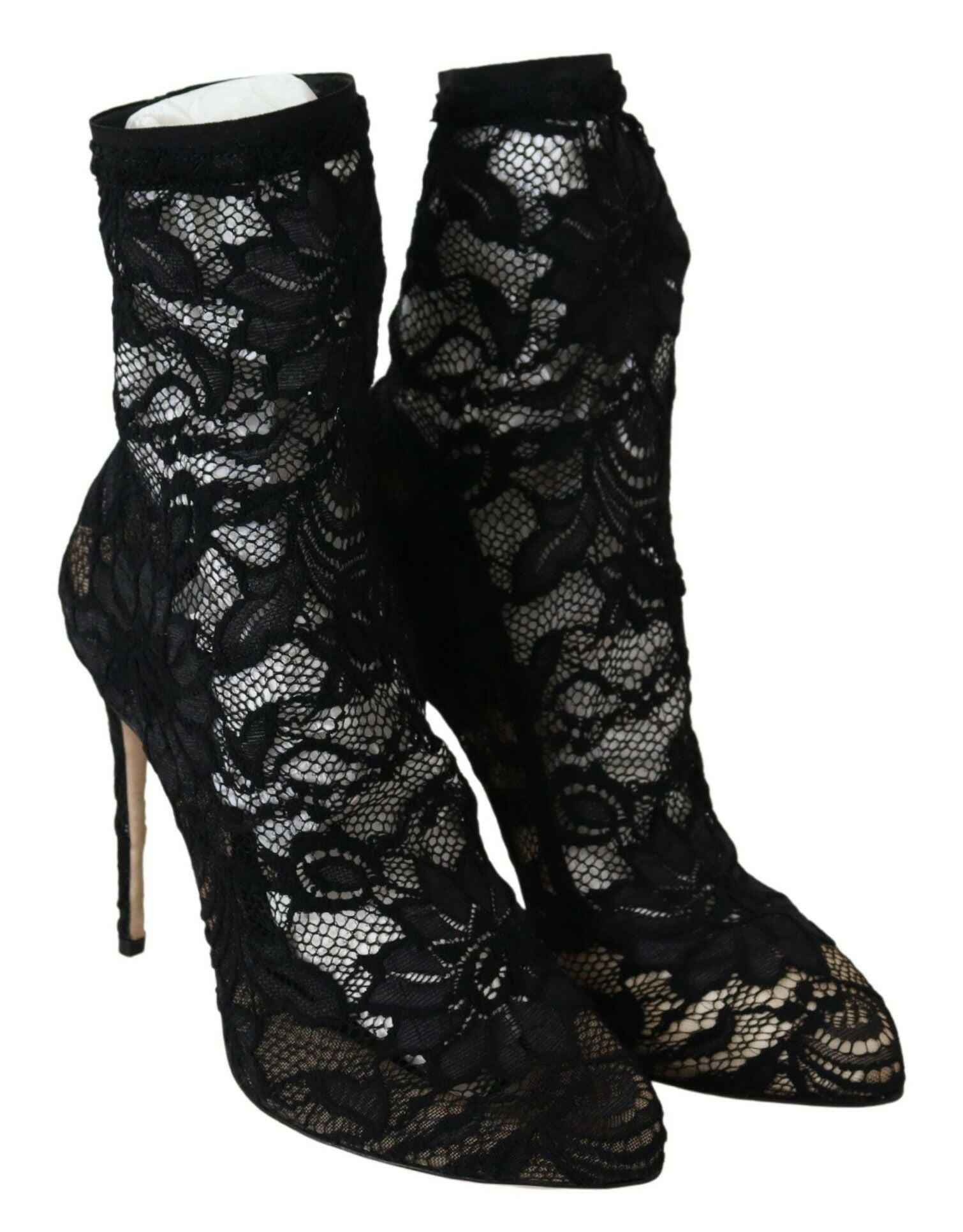 Dolce & Gabbana Black Lace Taormina High Heel Boots Shoes -   -  Dolce & Gabbana.