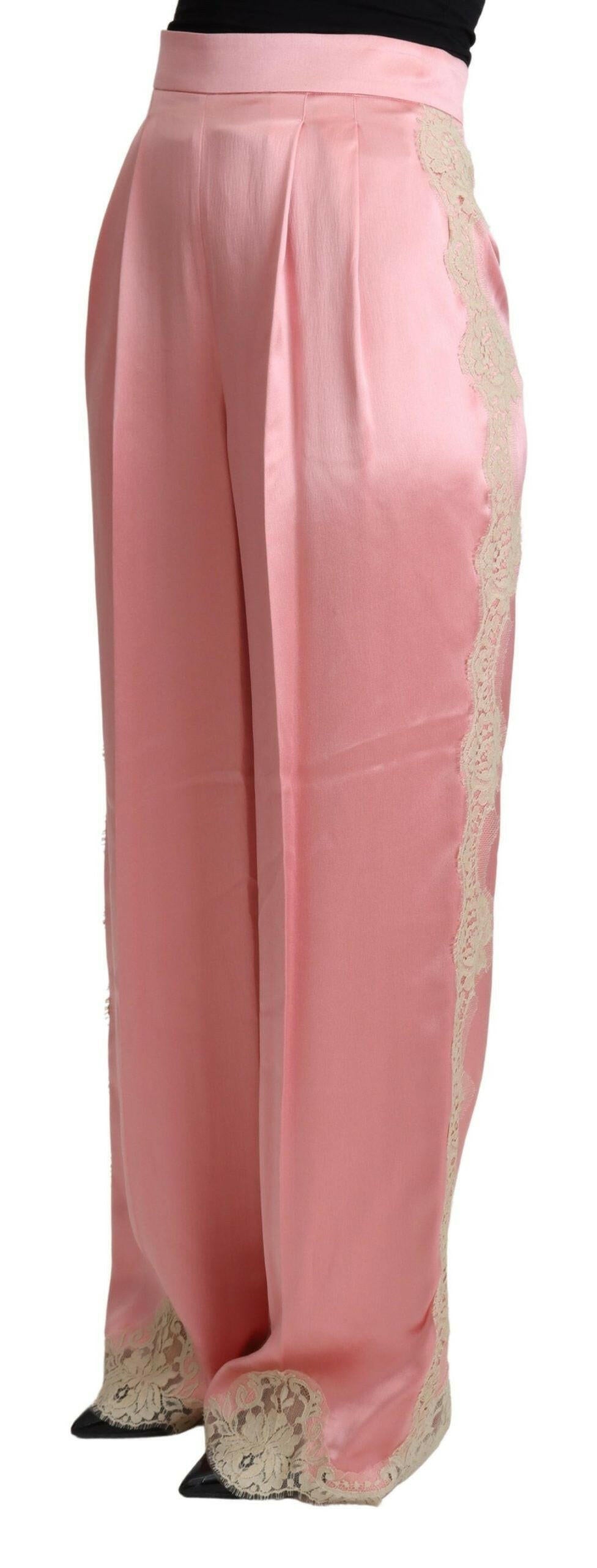 Dolce & Gabbana Pink Lace Trimmed Silk Satin Wide Legs Pants -   -  Dolce & Gabbana.