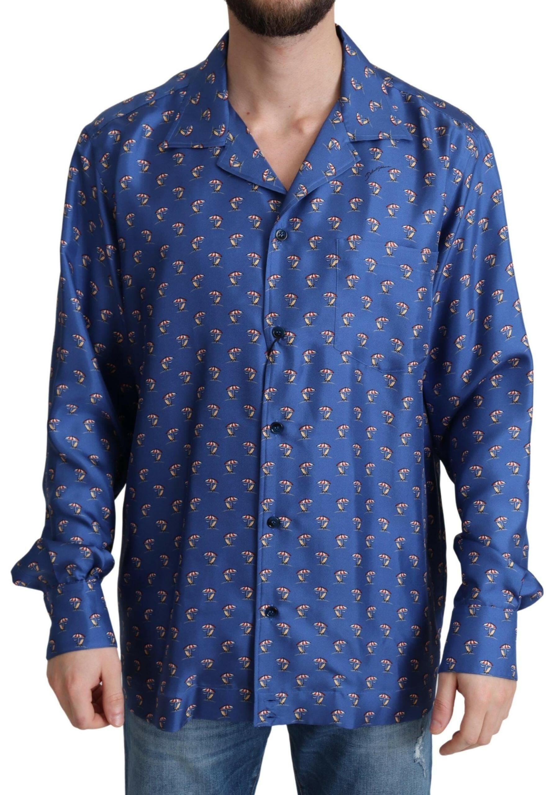 Dolce & Gabbana Blue Beach Chair Umbrella Print Silk Shirt -   -  Dolce & Gabbana.