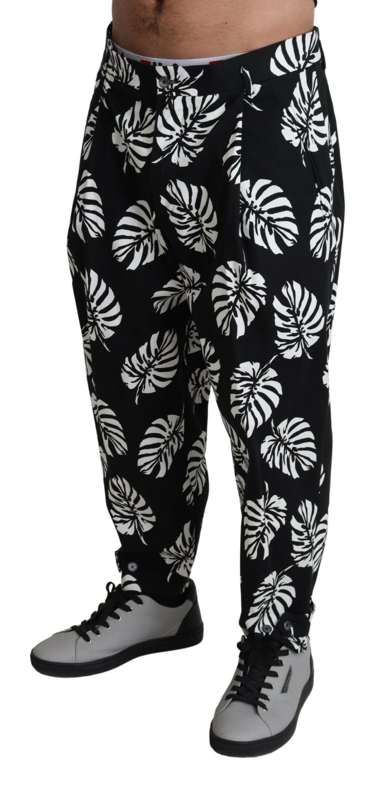 Dolce & Gabbana Black Leaf Cotton Stretch Trouser Pants Pants -   -  Dolce & Gabbana.