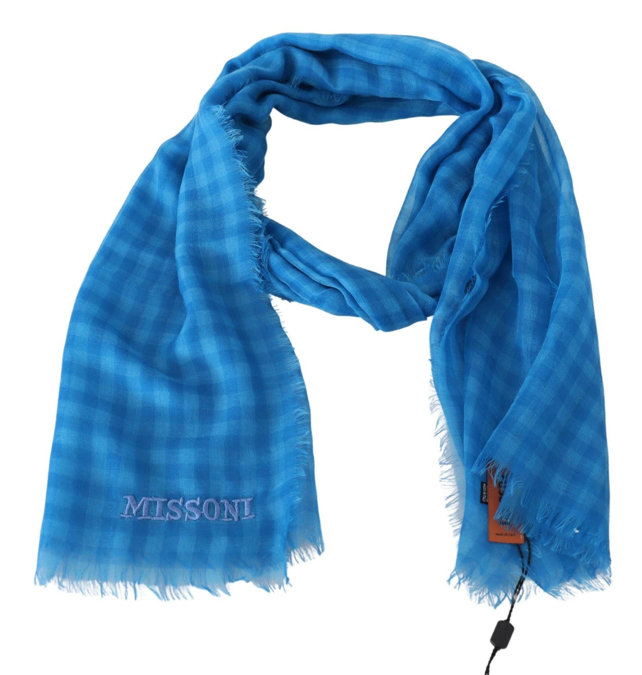 Missoni Blue Checkered Cashmere Unisex Wrap Fringes Scarf -   -  Missoni.