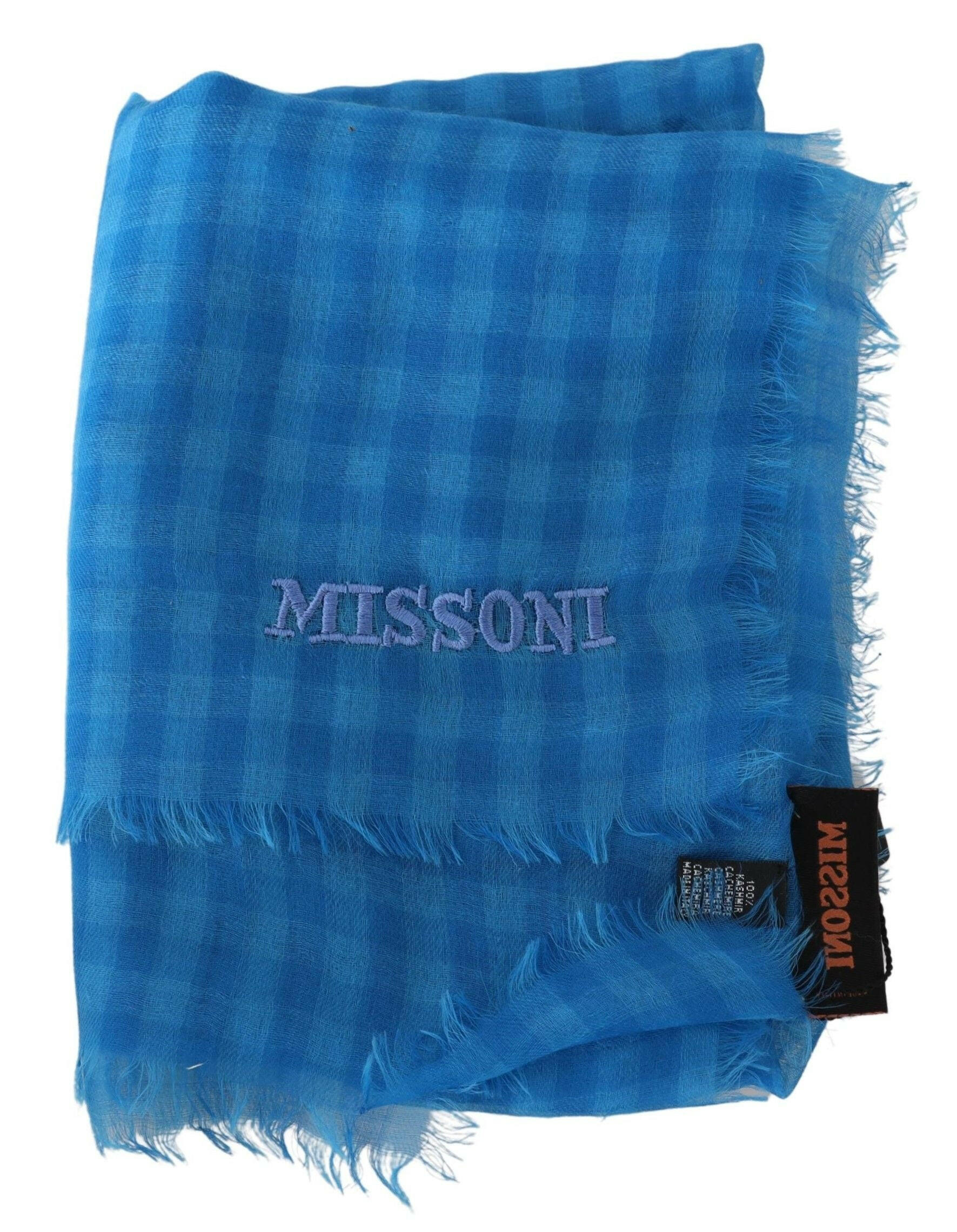 Missoni Blue Checkered Cashmere Unisex Wrap Fringes Scarf -   -  Missoni.