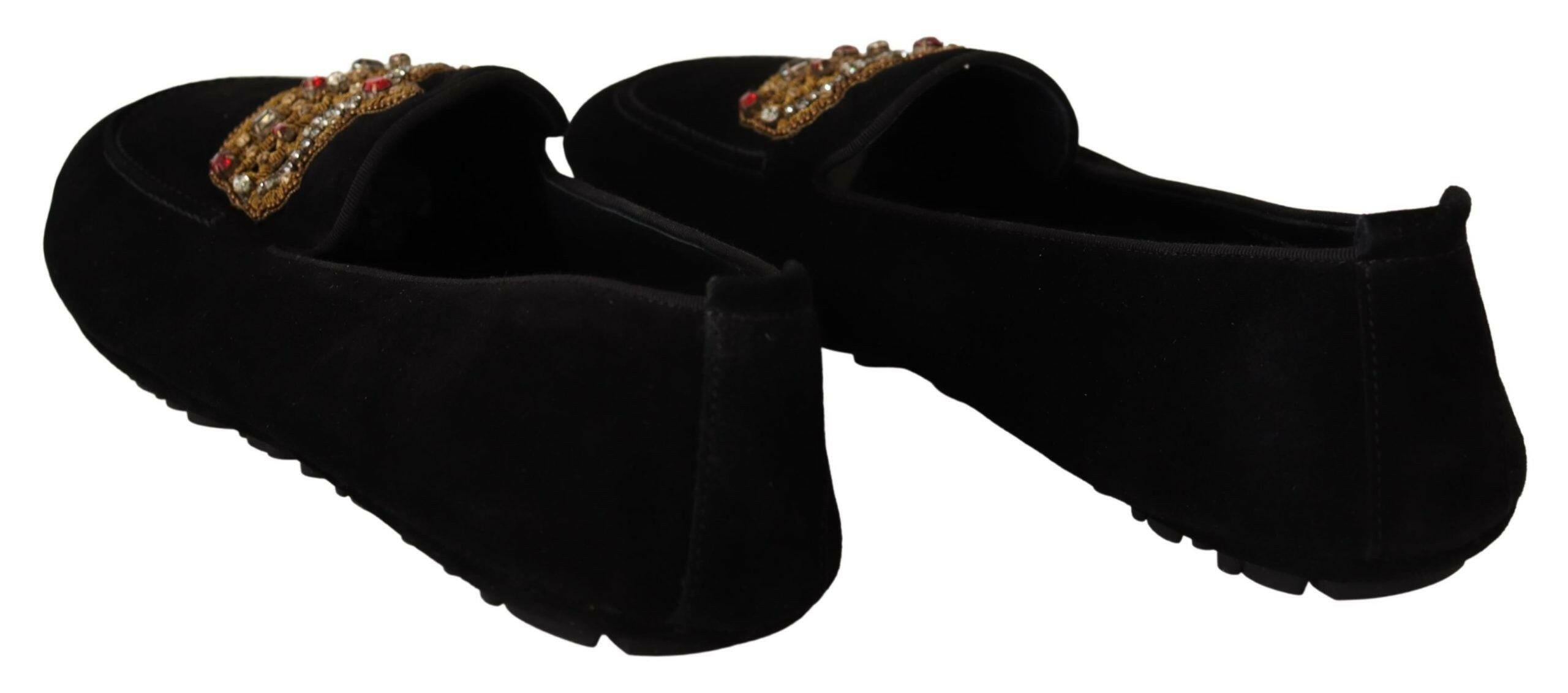 Dolce & Gabbana Black Leather Crystal Gold Crown Loafers Shoes -   -  Dolce & Gabbana.