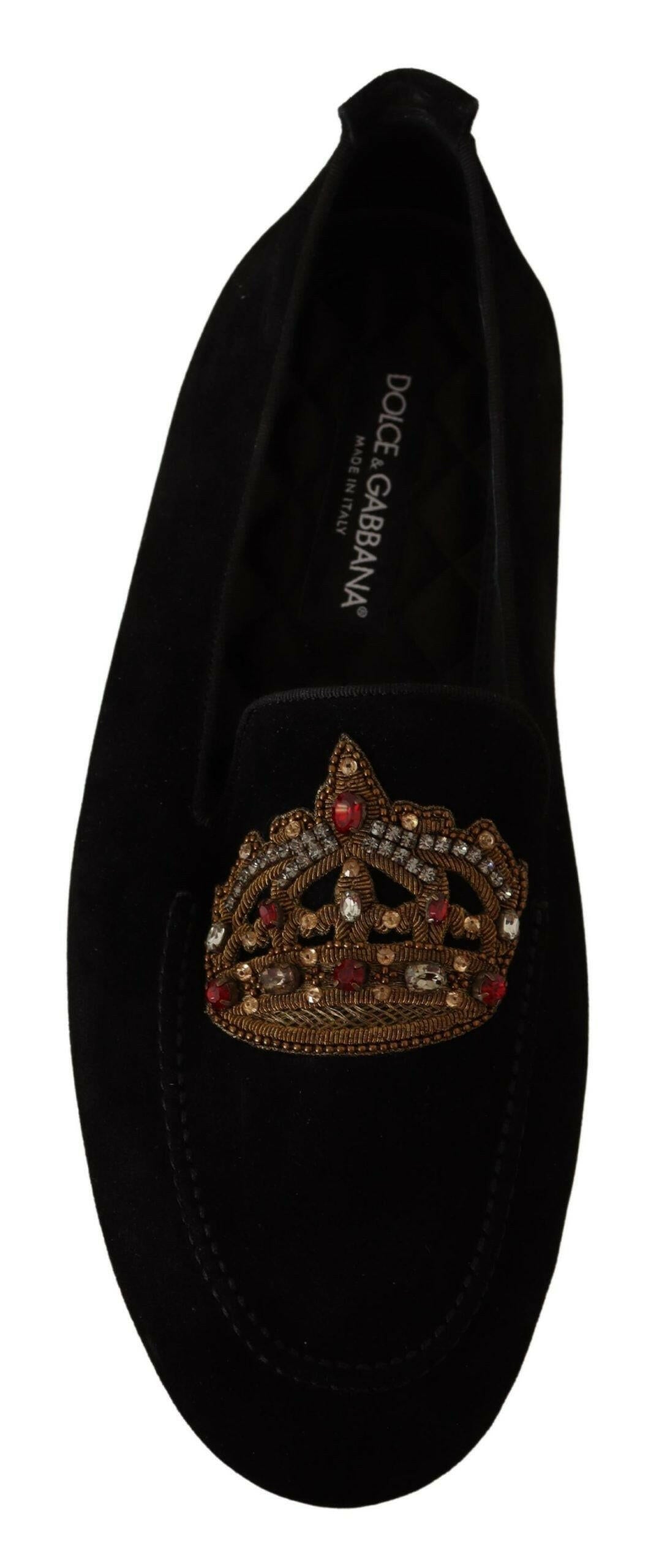 Dolce & Gabbana Black Leather Crystal Gold Crown Loafers Shoes -   -  Dolce & Gabbana.