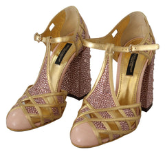 Dolce & Gabbana Pink Gold Leather Crystal Pumps T-strap Shoes -   -  Dolce & Gabbana.