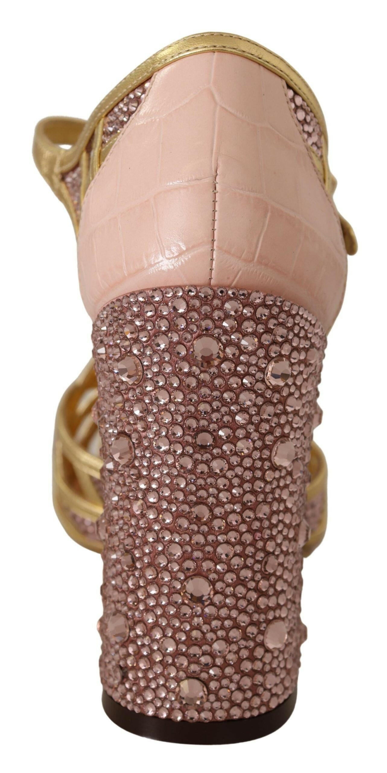 Dolce & Gabbana Pink Gold Leather Crystal Pumps T-strap Shoes -   -  Dolce & Gabbana.