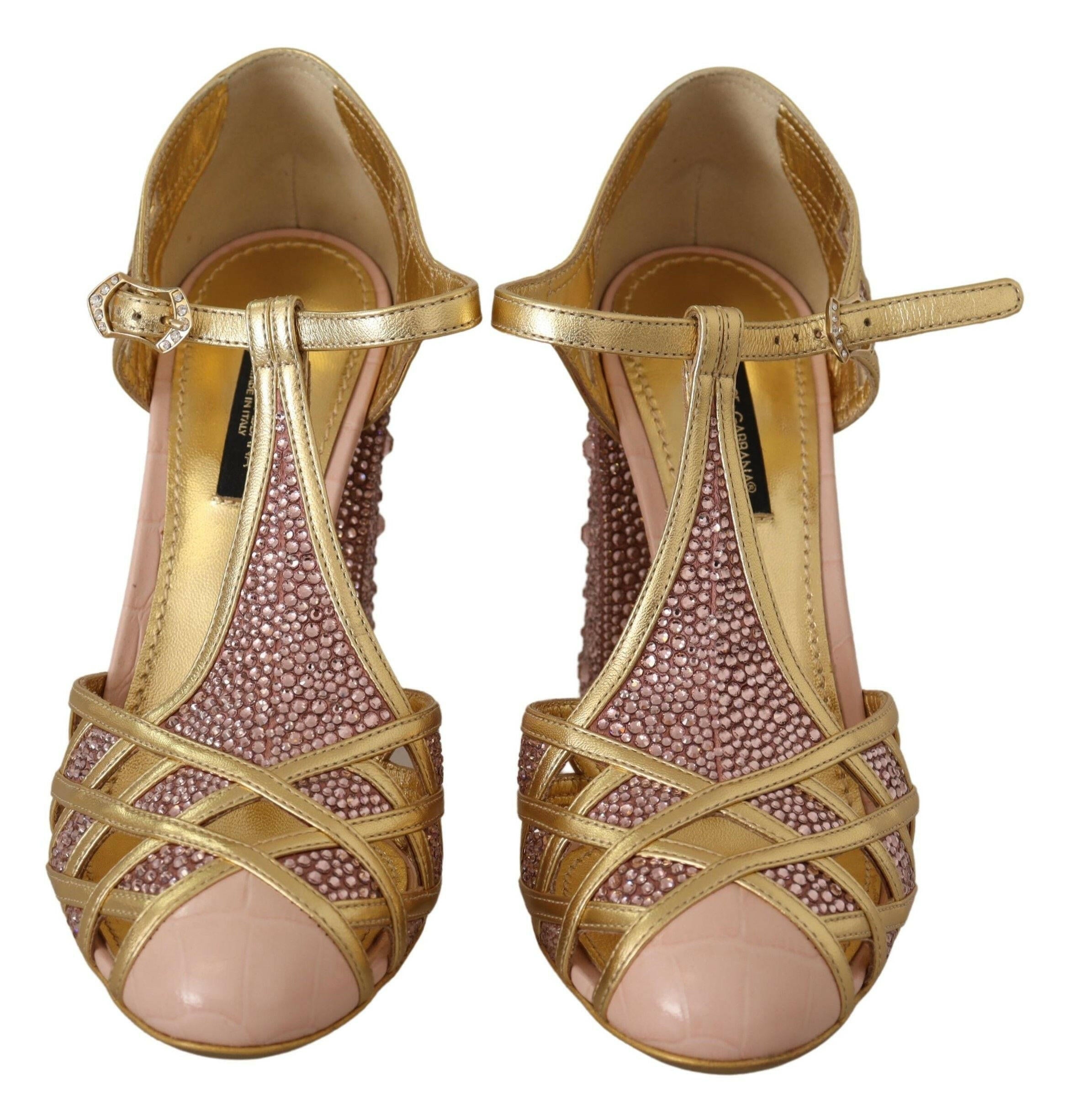 Dolce & Gabbana Pink Gold Leather Crystal Pumps T-strap Shoes -   -  Dolce & Gabbana.