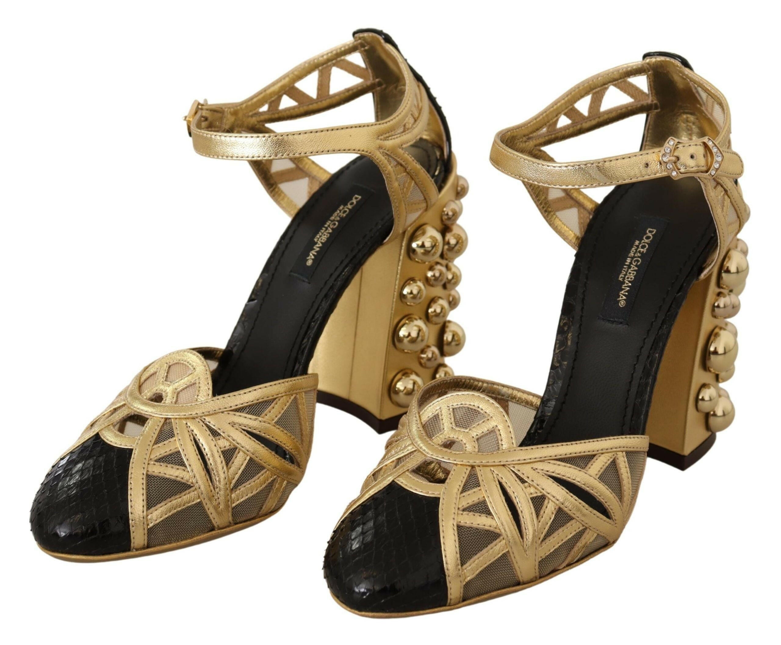 Dolce & Gabbana Black Gold Leather Studded Ankle Straps Shoes -   -  Dolce & Gabbana.