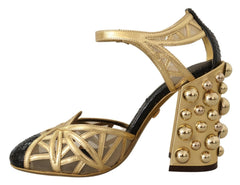 Dolce & Gabbana Black Gold Leather Studded Ankle Straps Shoes -   -  Dolce & Gabbana.