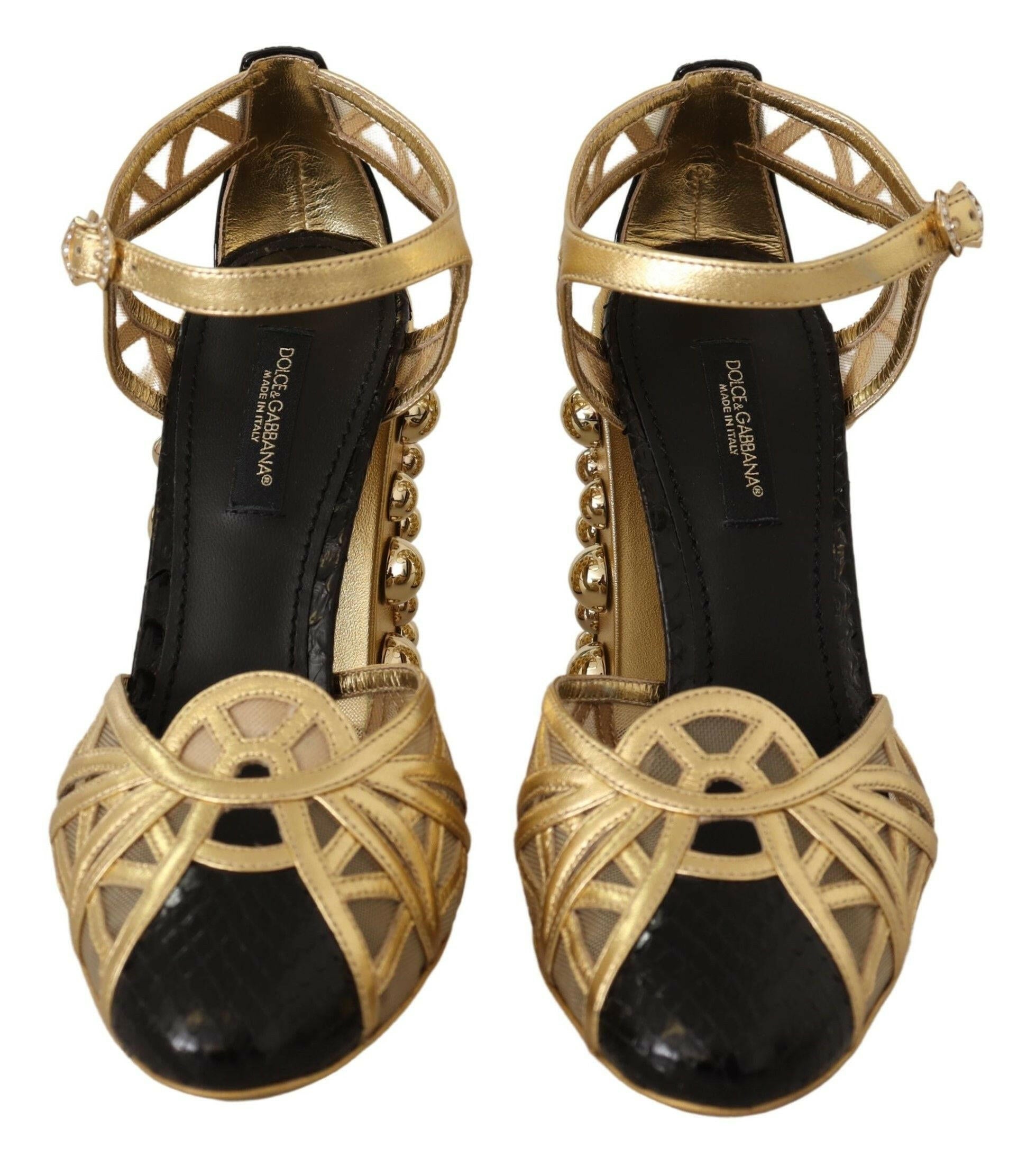 Dolce & Gabbana Black Gold Leather Studded Ankle Straps Shoes -   -  Dolce & Gabbana.