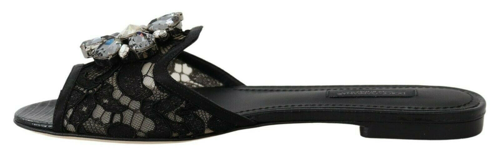 Dolce & Gabbana Black Taormina Lace Slides Crystals Flats Shoes -   -  Dolce & Gabbana.