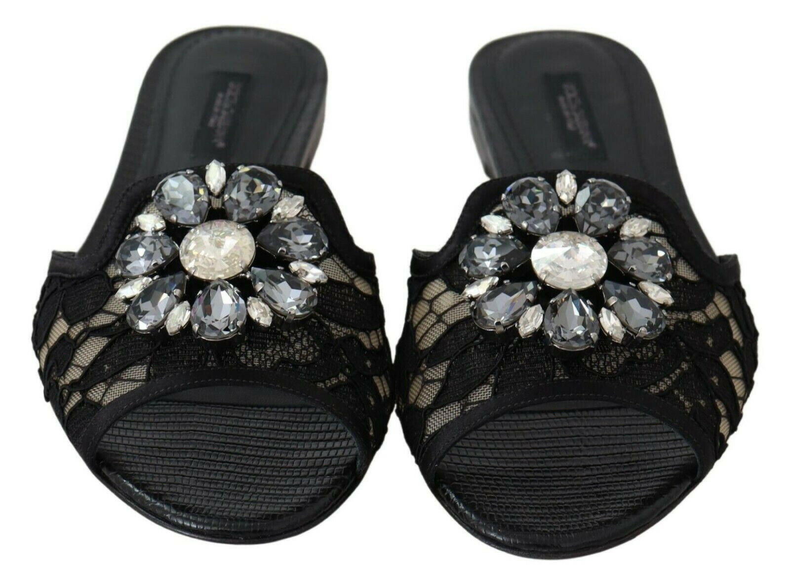 Dolce & Gabbana Black Taormina Lace Slides Crystals Flats Shoes -   -  Dolce & Gabbana.
