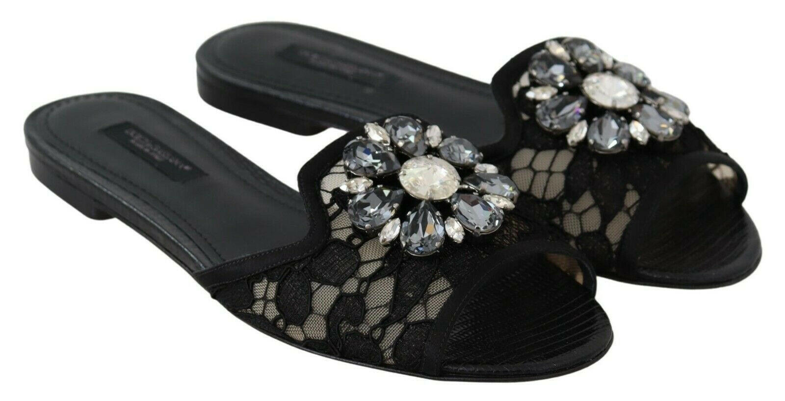 Dolce & Gabbana Black Taormina Lace Slides Crystals Flats Shoes -   -  Dolce & Gabbana.