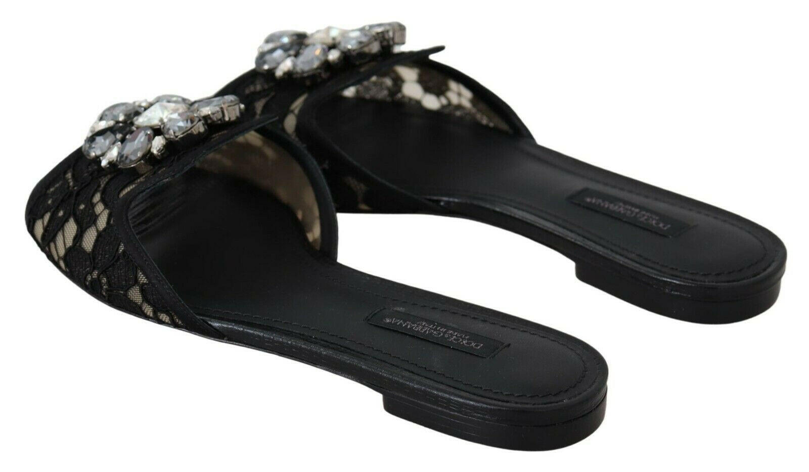 Dolce & Gabbana Black Taormina Lace Slides Crystals Flats Shoes -   -  Dolce & Gabbana.