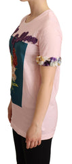 Dolce & Gabbana Pink Cotton Floral Roses Crewneck T-shirt -   -  Dolce & Gabbana.
