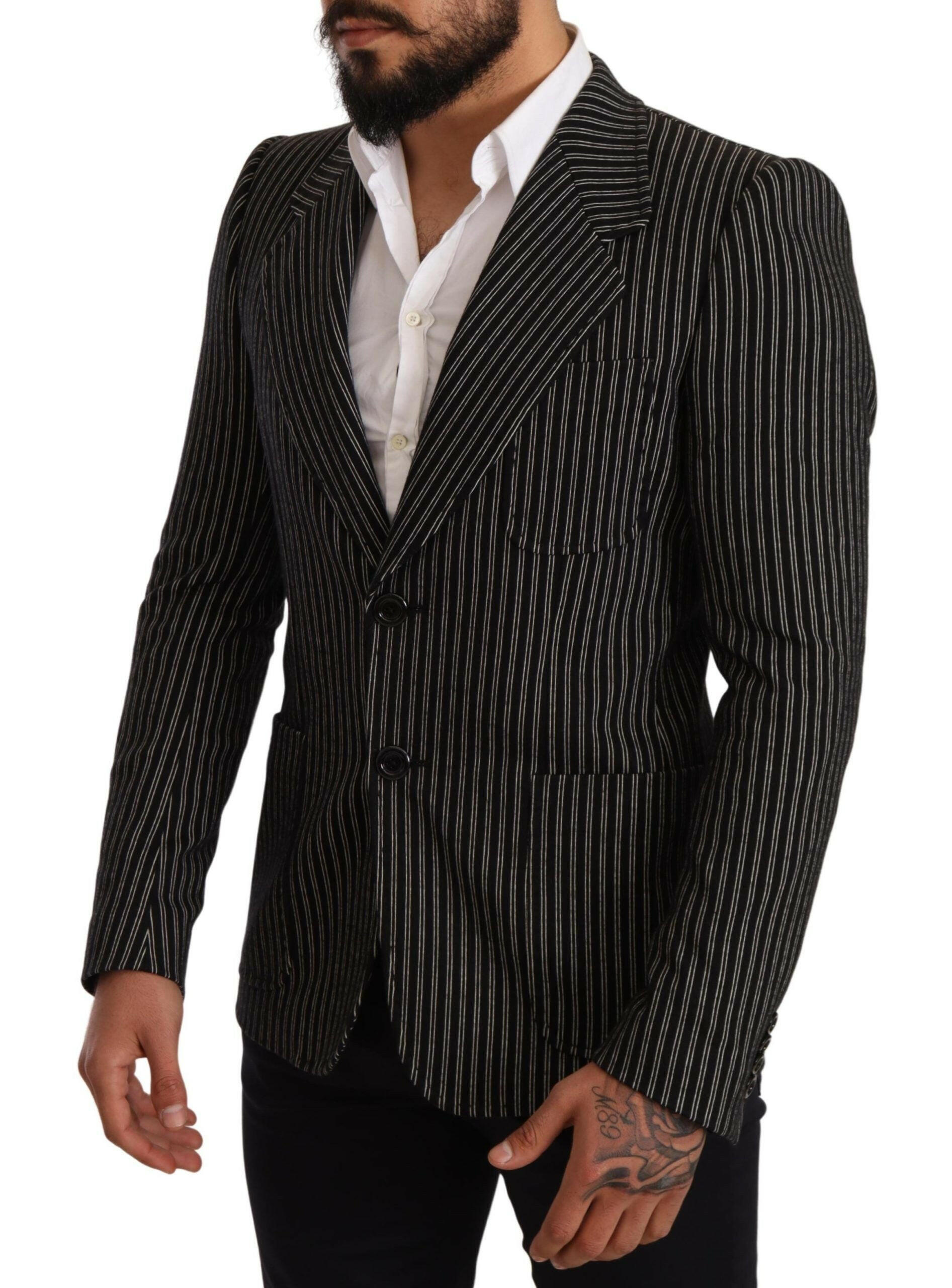 Dolce & Gabbana Black Striped Slim Fit Wool Coat Blazer -   -  Dolce & Gabbana.