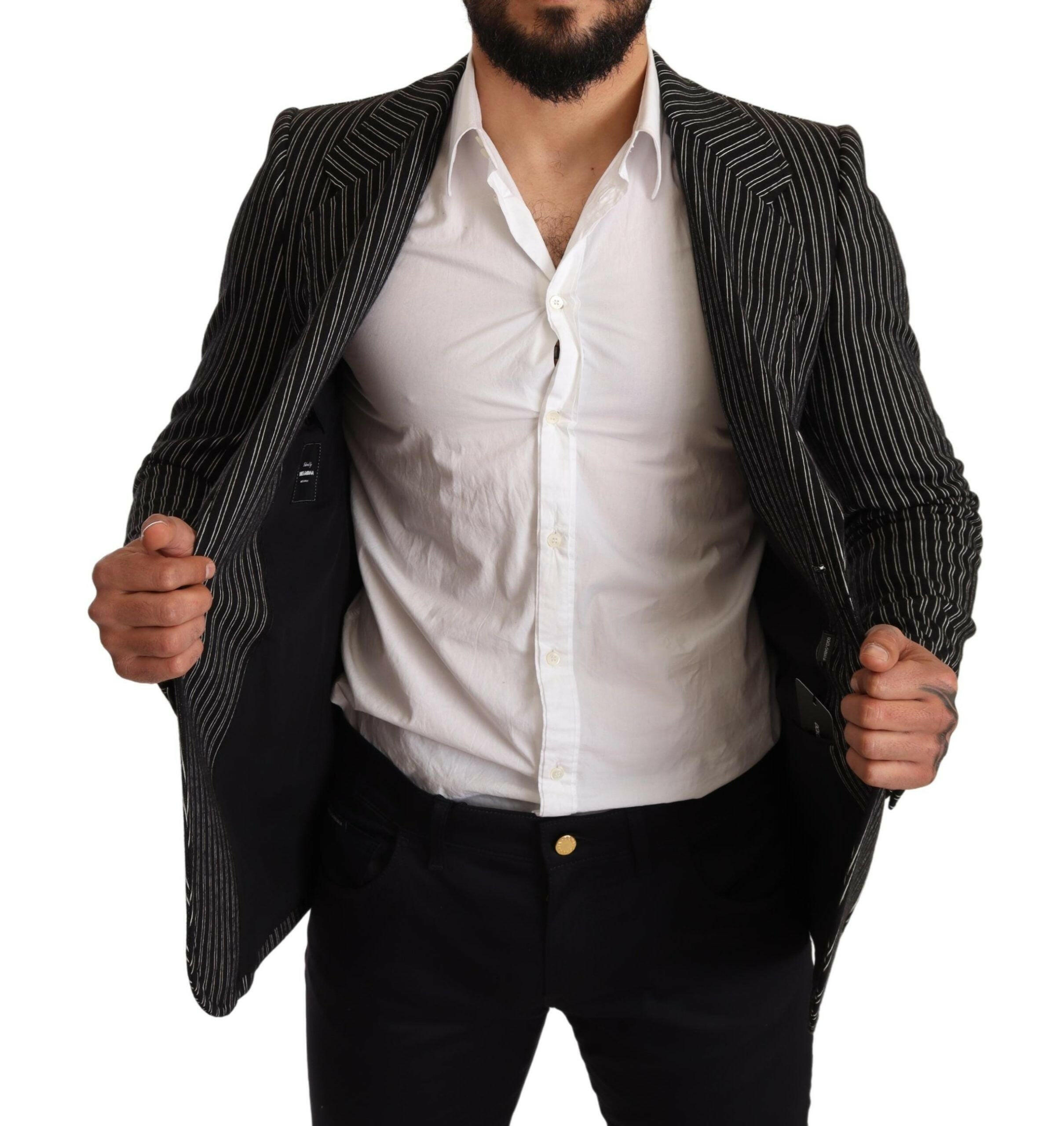 Dolce & Gabbana Black Striped Slim Fit Wool Coat Blazer -   -  Dolce & Gabbana.