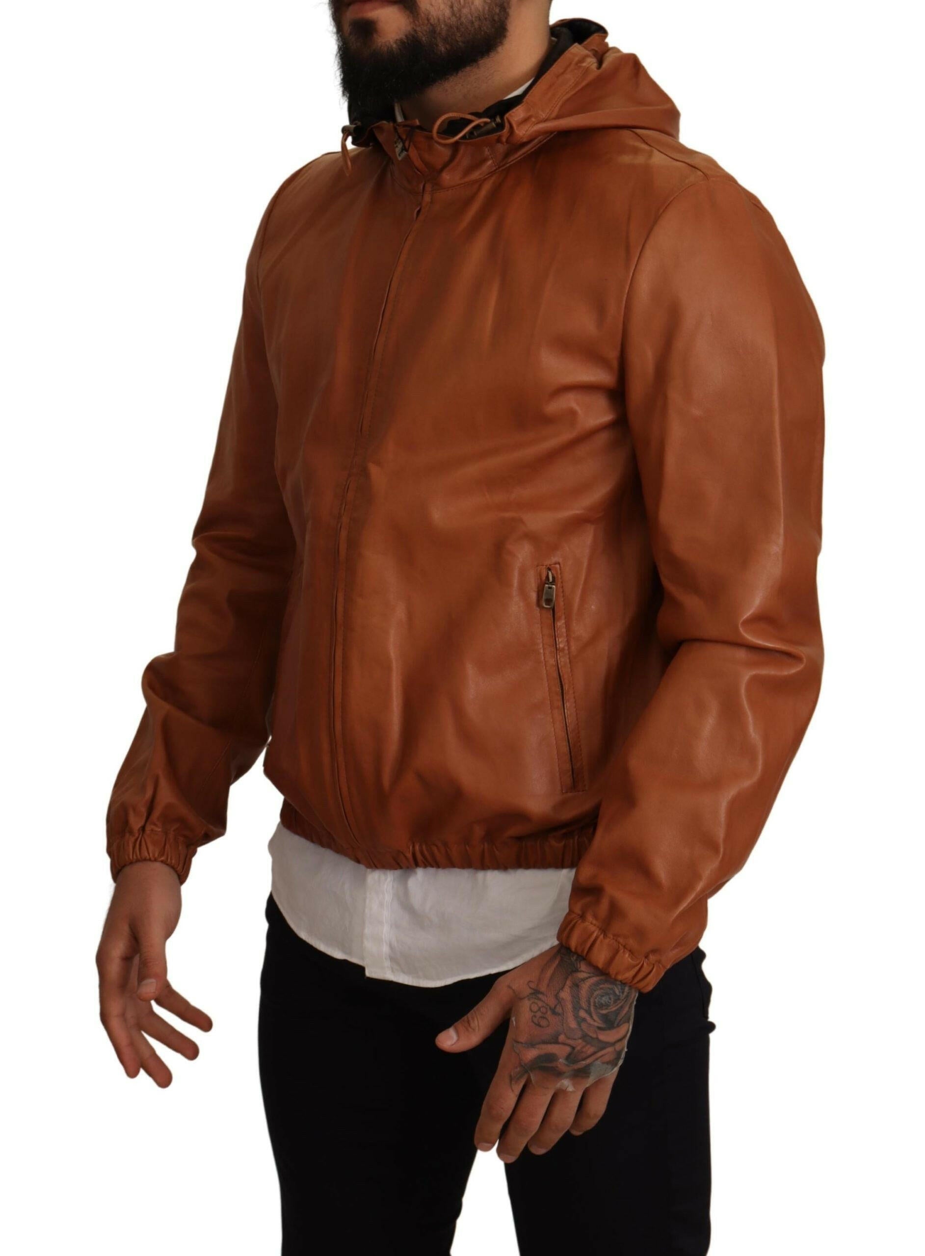 Dolce & Gabbana Brown Leather Lambskin Hooded Coat Jacket -   -  Dolce & Gabbana.