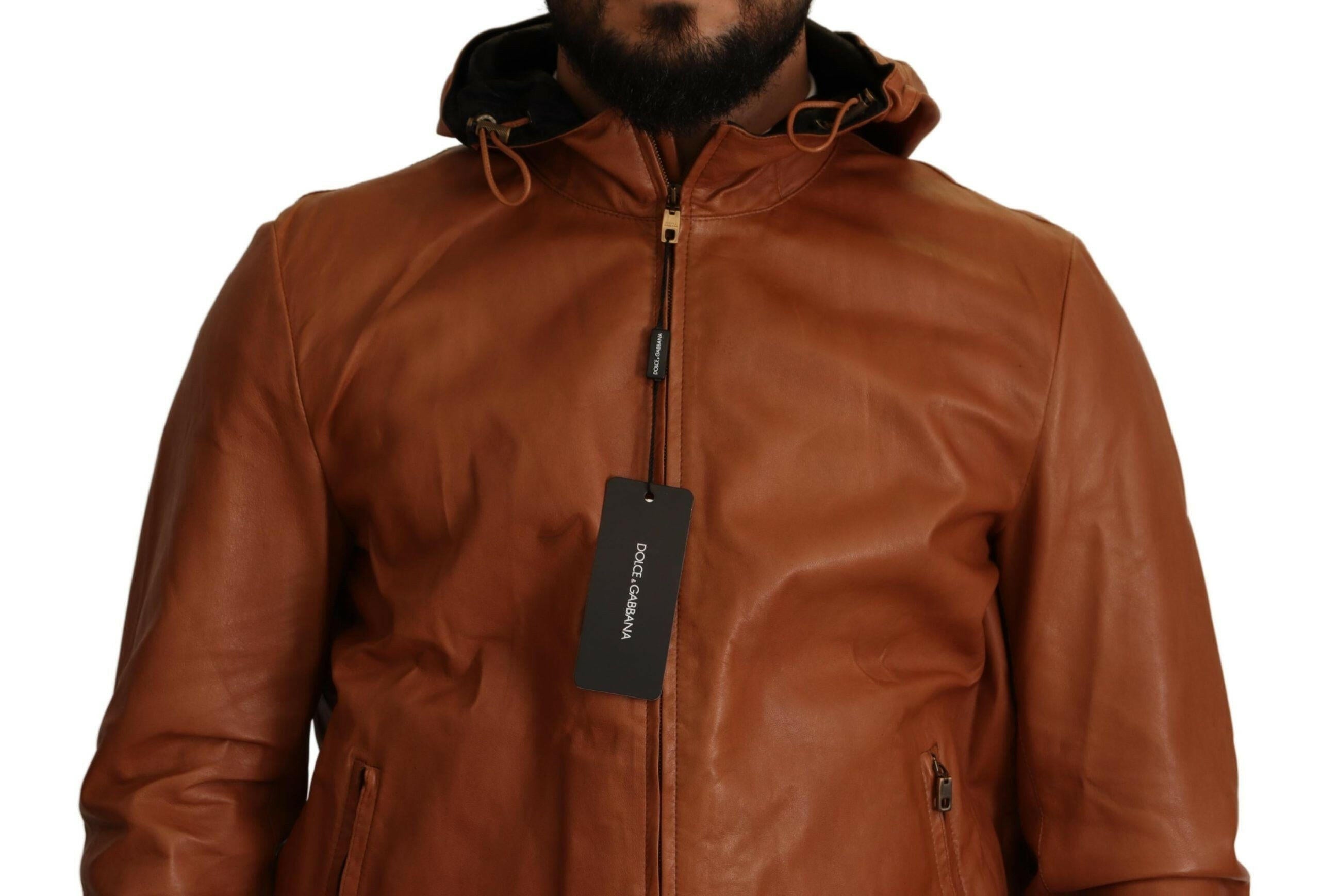 Dolce & Gabbana Brown Leather Lambskin Hooded Coat Jacket -   -  Dolce & Gabbana.