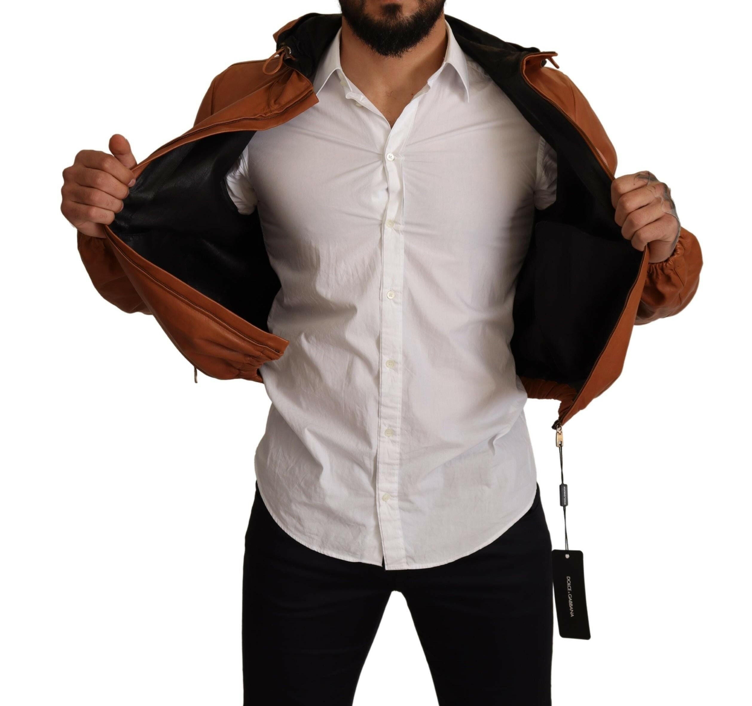 Dolce & Gabbana Brown Leather Lambskin Hooded Coat Jacket -   -  Dolce & Gabbana.